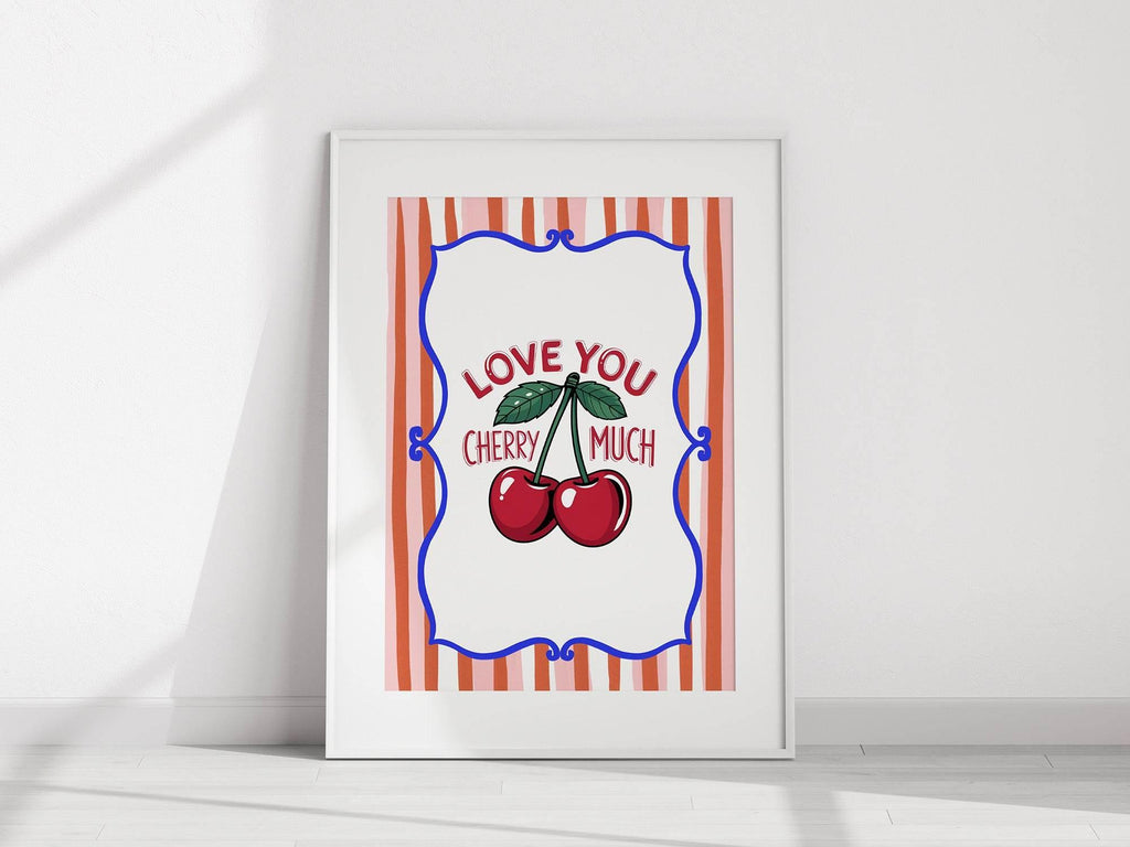 Love You Cherry Much Print | Cute Fruit Wall Art | Orange & Pink Stripes - Larosier Prints