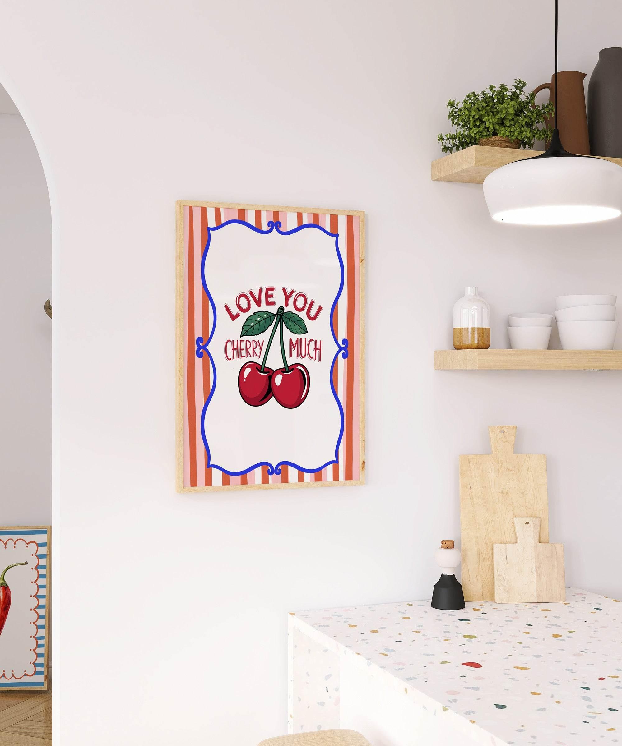 Love You Cherry Much Print | Cute Fruit Wall Art | Orange & Pink Stripes - Larosier Prints