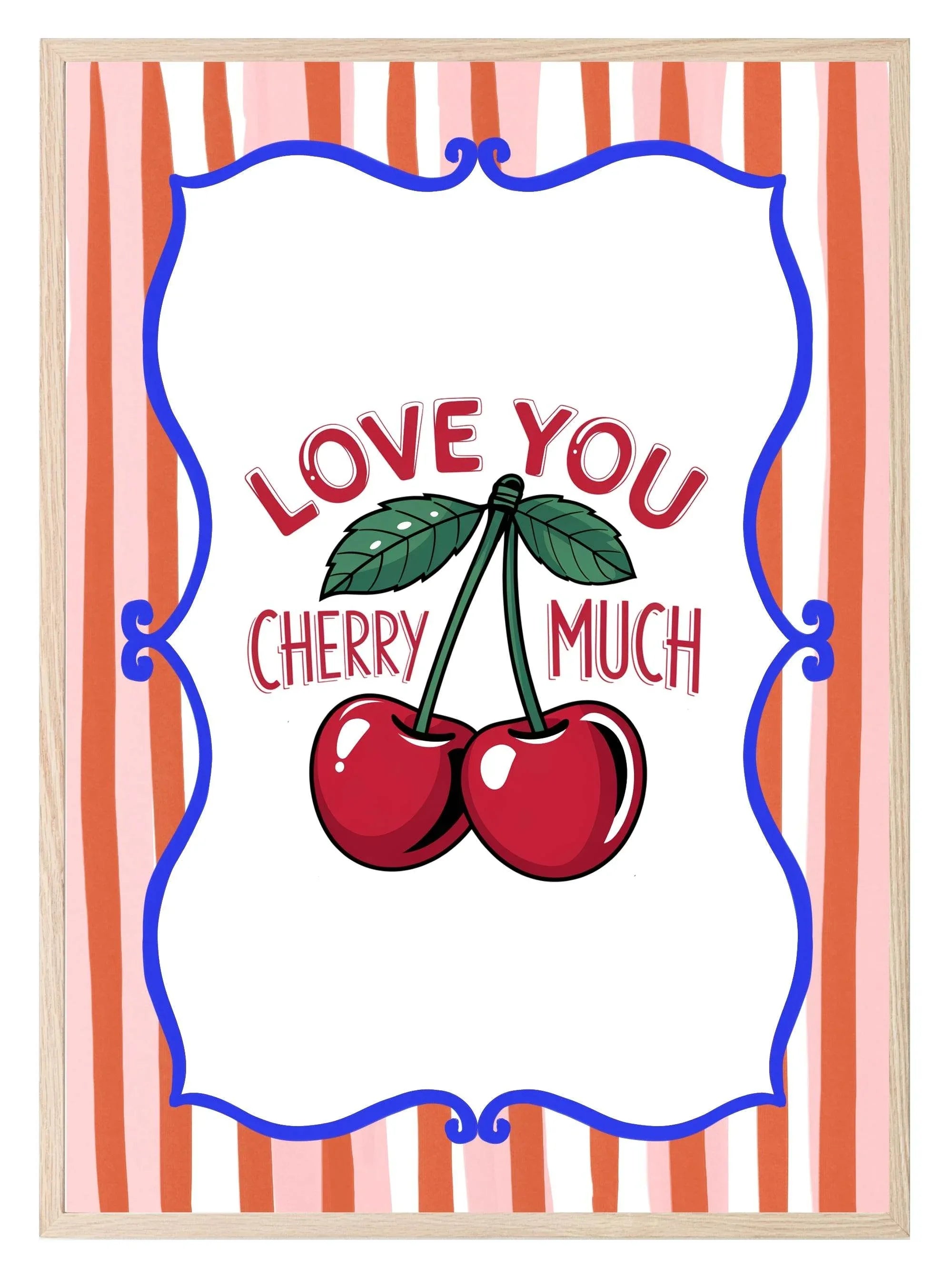 Love You Cherry Much Print | Cute Fruit Wall Art | Orange & Pink Stripes - Larosier Prints
