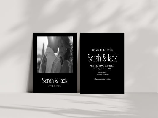 Black Photo Save The Date Wedding Party Cards & Envelopes | Pack of 10 Double Sided