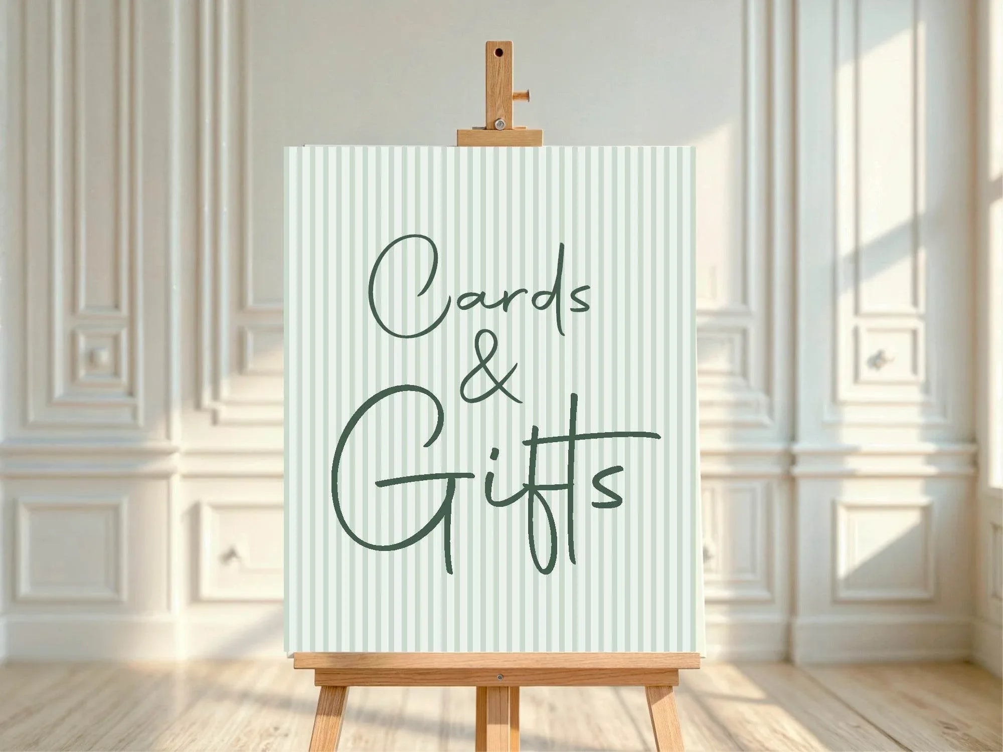 Sage Green Stripe Cards & Gifts Birthday Party Sign - Larosier Prints