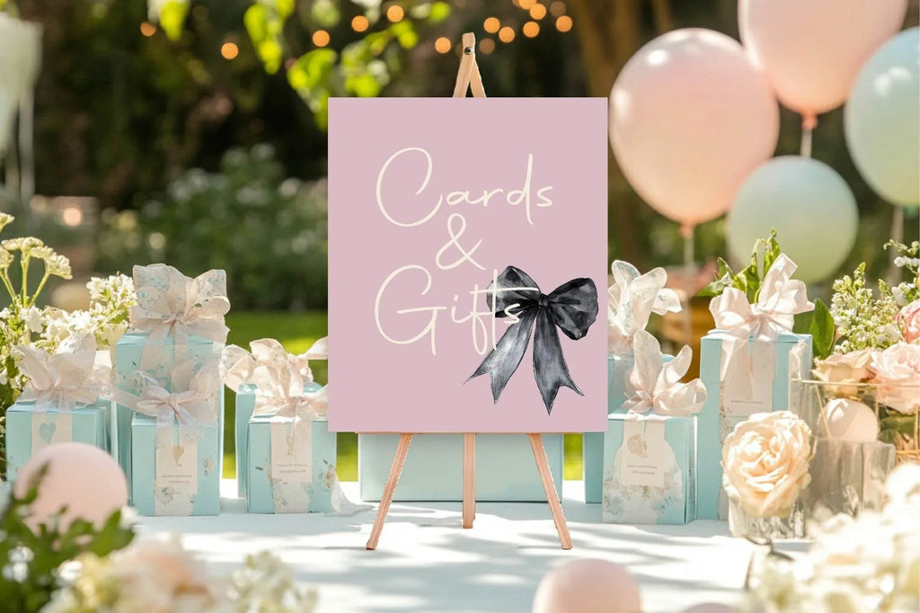 Bows Cards & Gifts Birthday Party Sign | Pink & Black - Larosier Prints