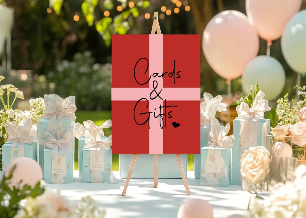 Red & Pink Cards & Gifts Birthday Party Sign - Larosier Prints