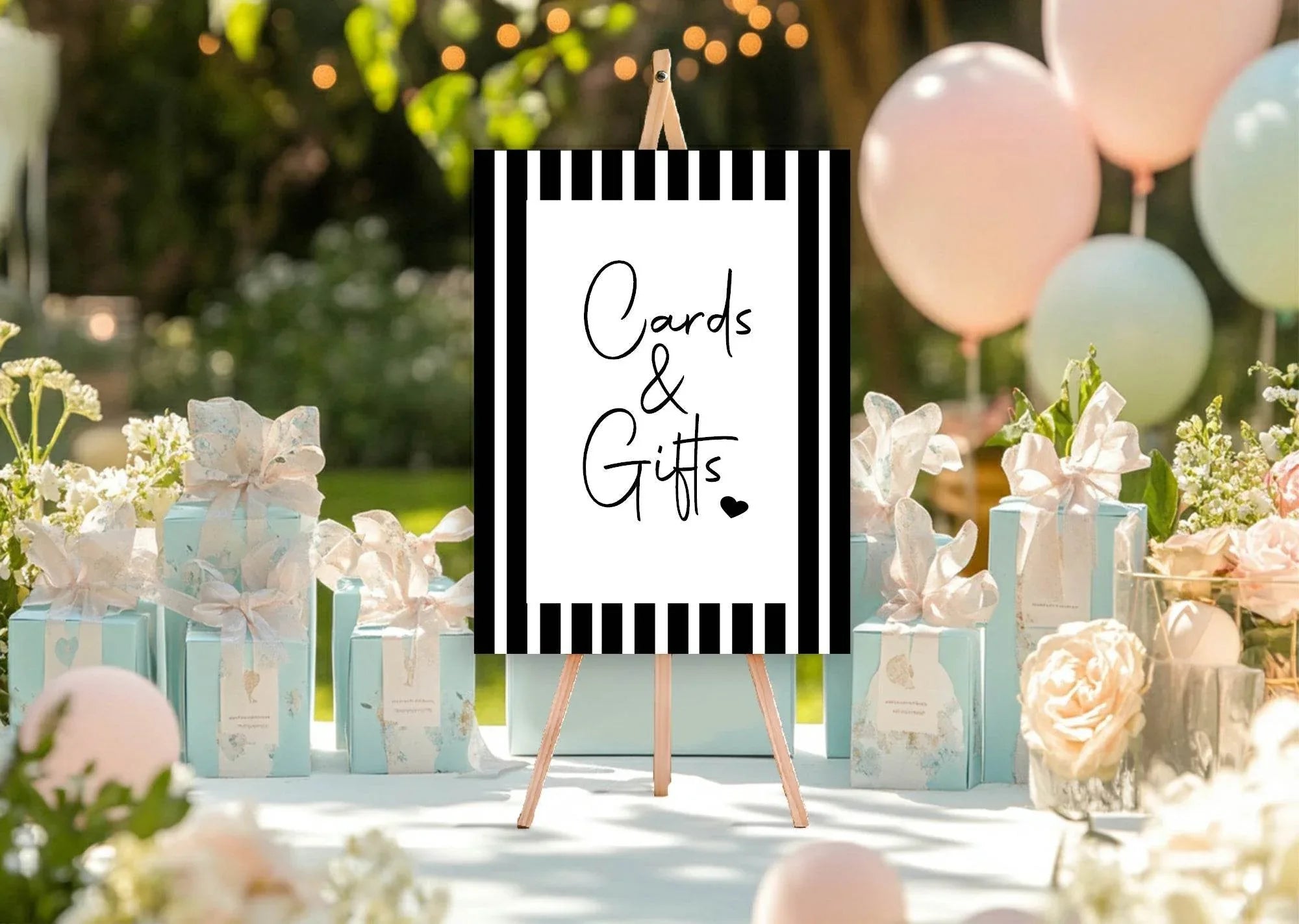 Black & White Stripe Cards & Gifts Birthday Party Sign - Larosier Prints