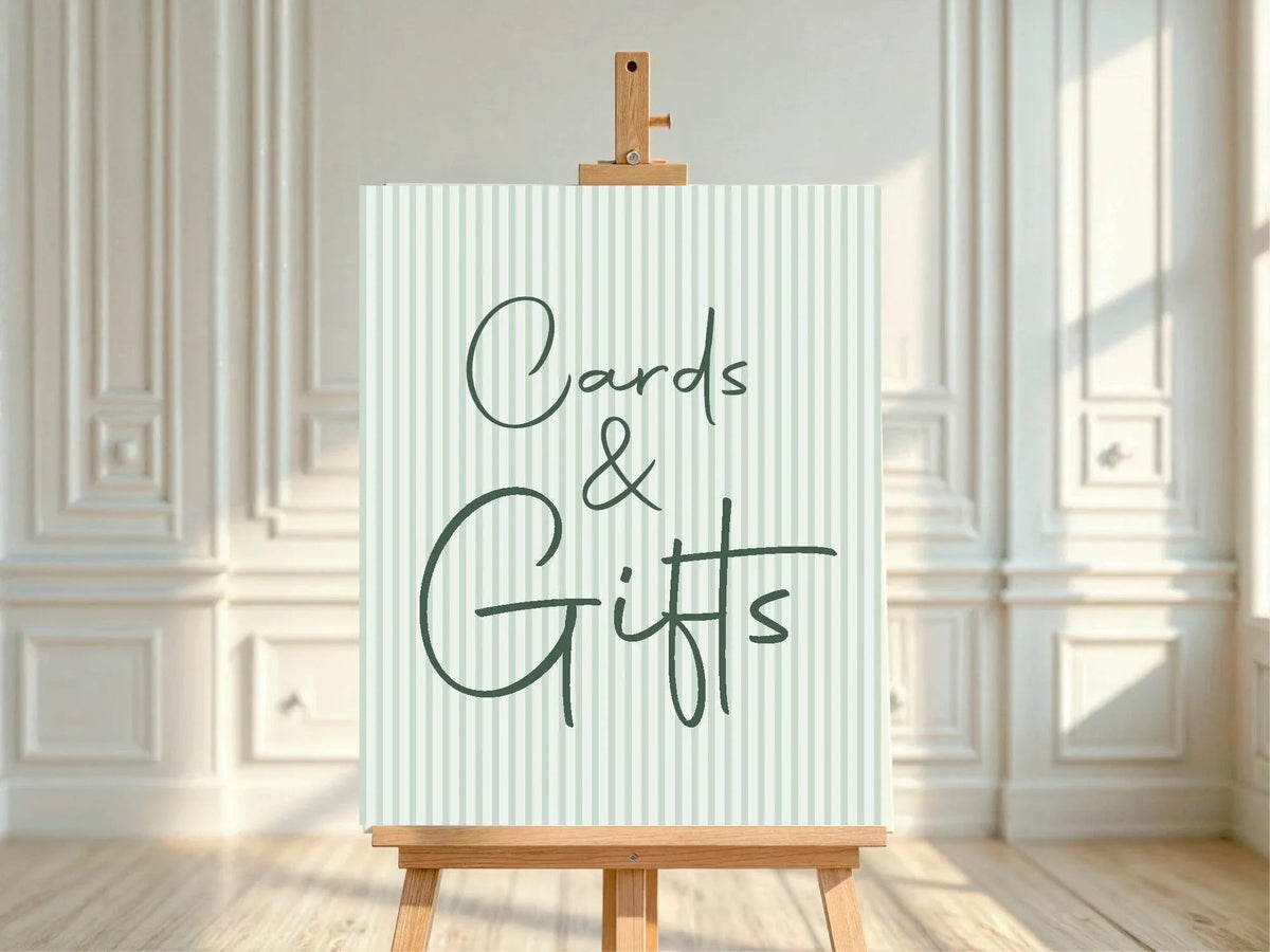 Sage Green Stripe custom birthday party sign wording example: Cards & Gifts