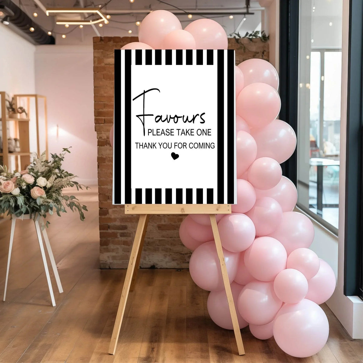 Black & White Stripe custom baby shower party sign example: Black and White Stripe Favours Baby Shower Party Sign