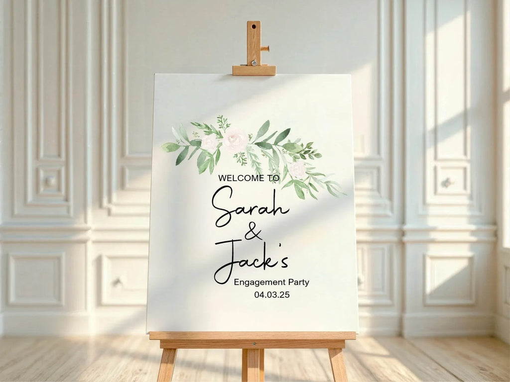Green & White Rose Engagement Welcome Party Sign - Larosier Prints