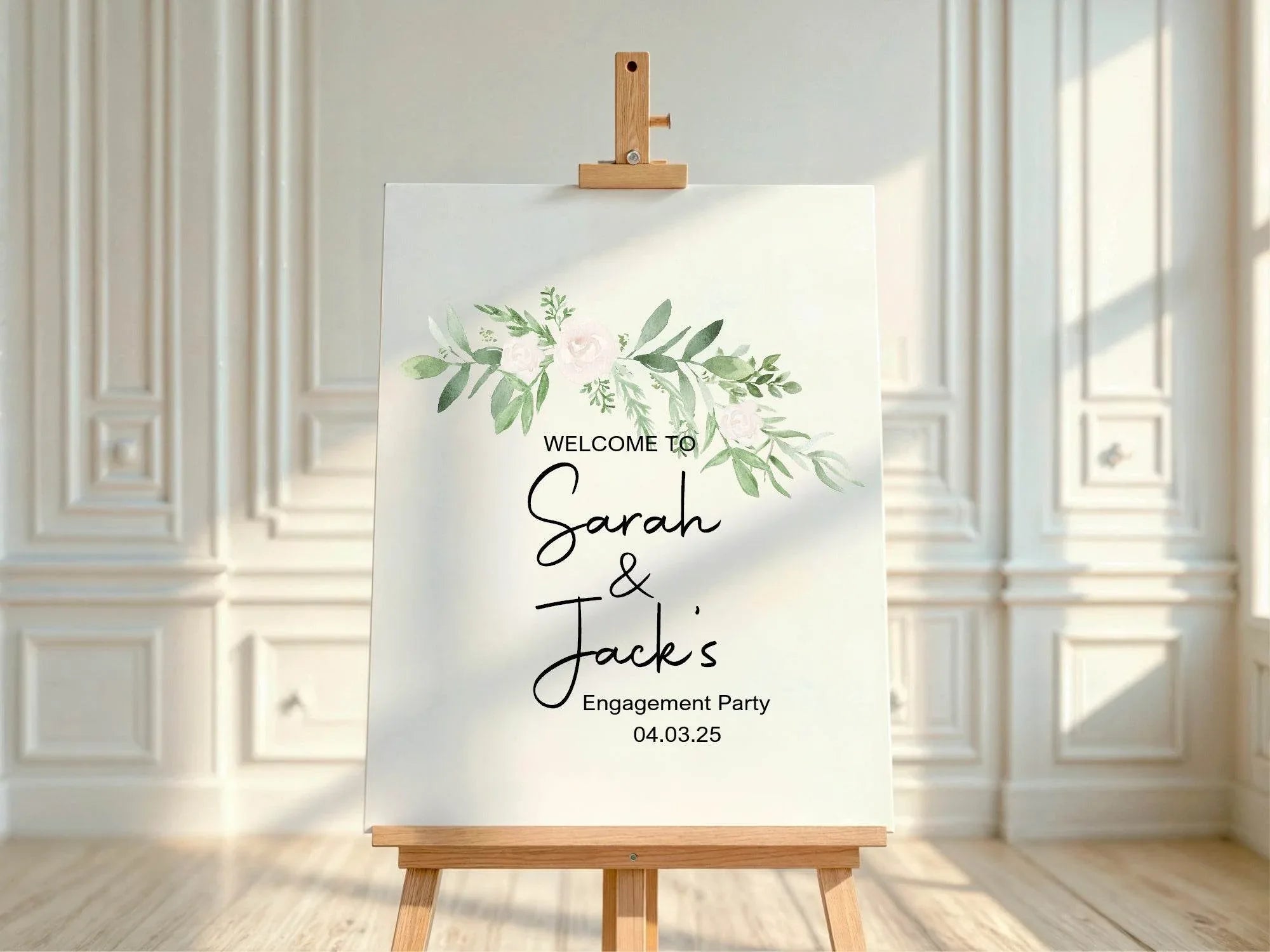 Green & White Rose Engagement Welcome Party Sign - Larosier Prints
