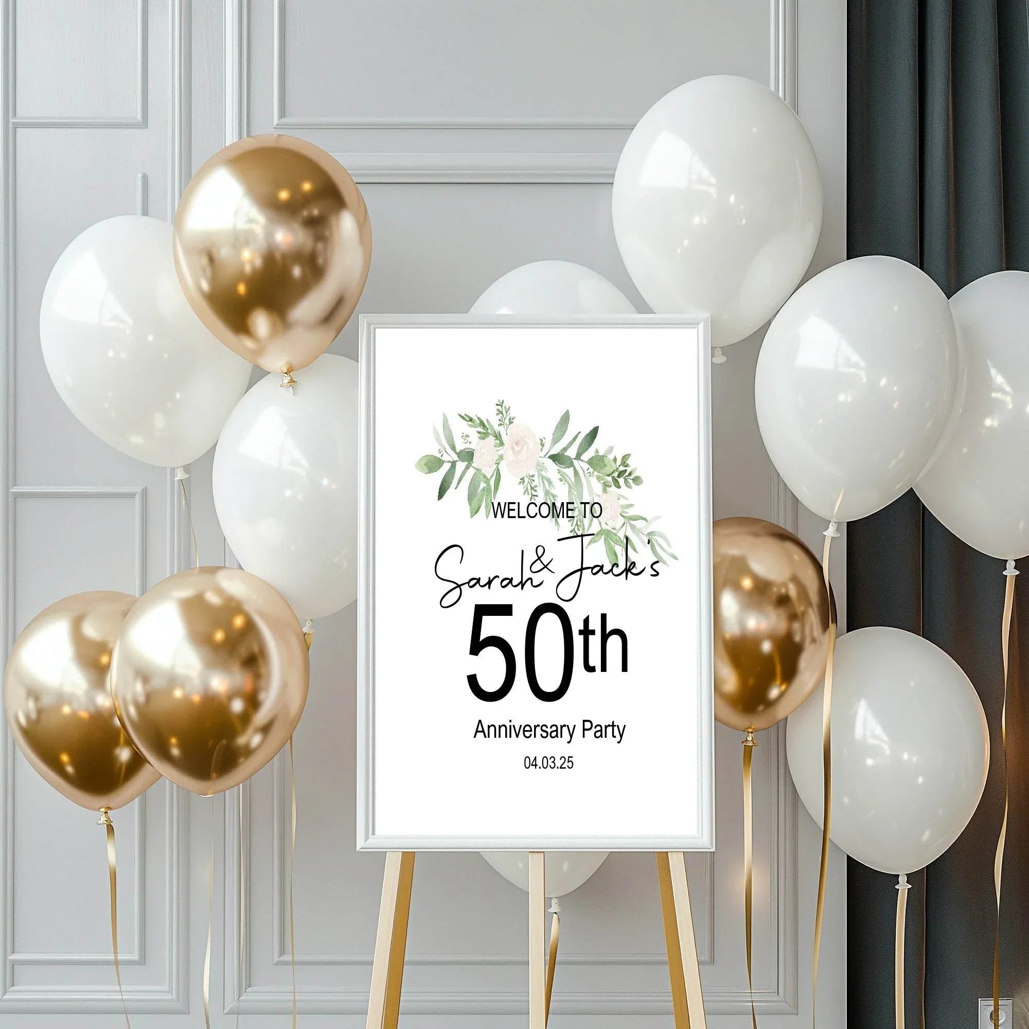 Green & White Rose Anniversary Welcome Party Sign - Larosier Prints