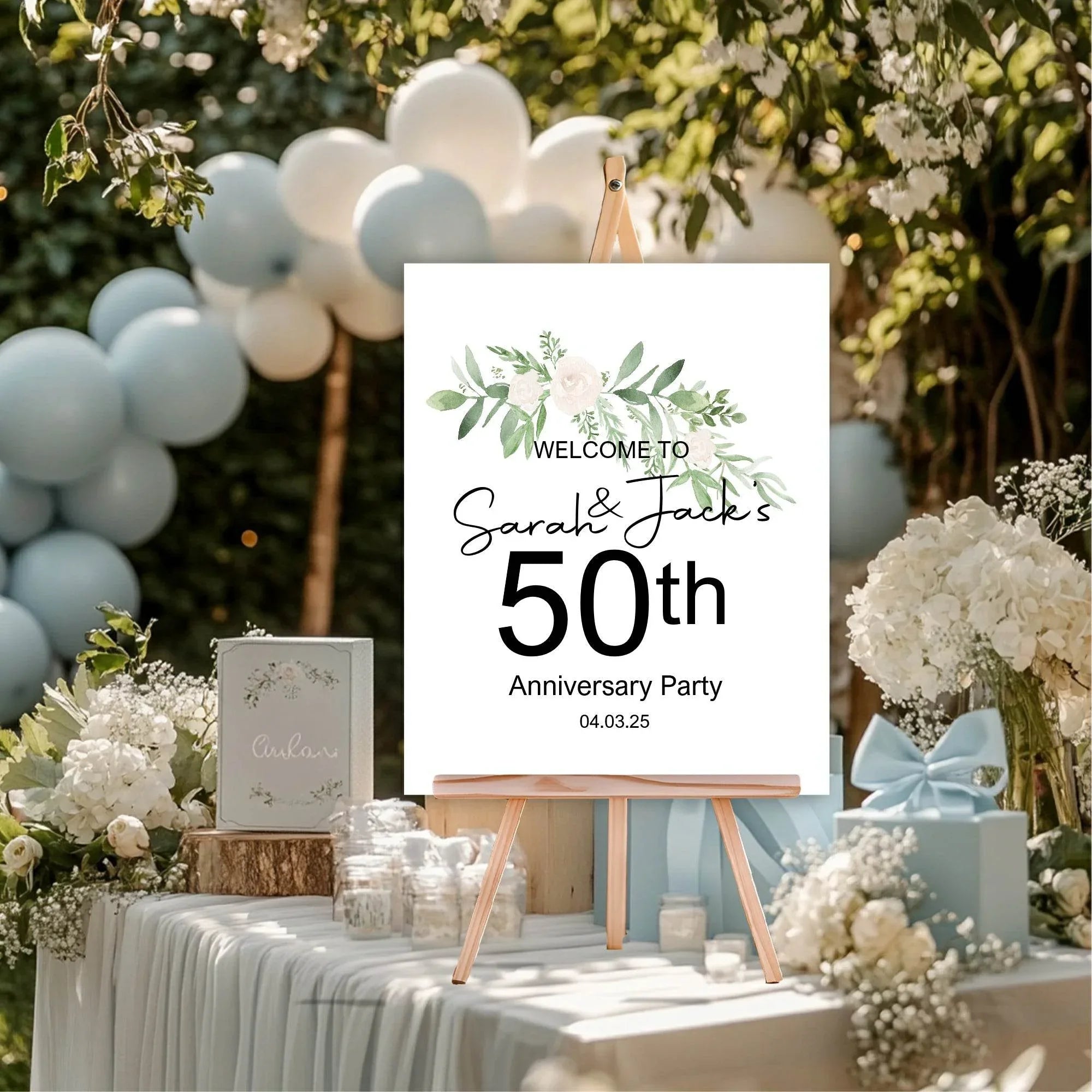Green & White Rose Anniversary Welcome Party Sign - Larosier Prints