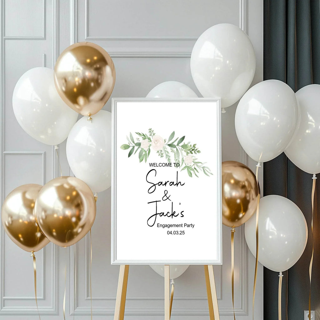 Green & White Rose Engagement Welcome Party Sign - Larosier Prints