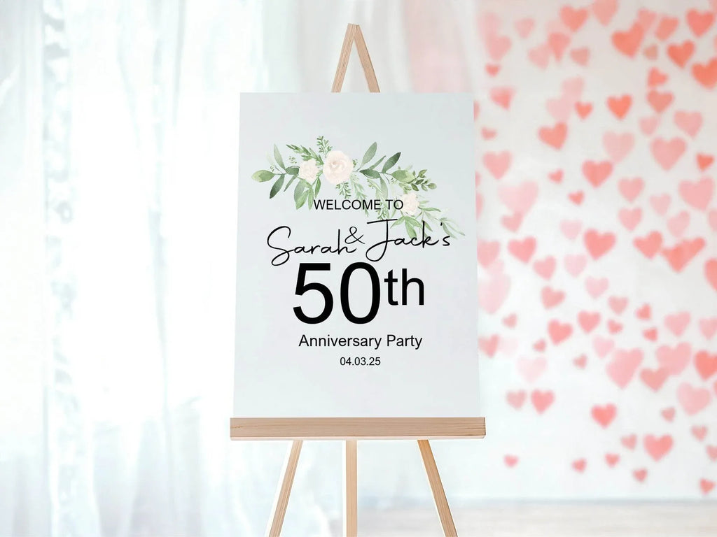 Green & White Rose Anniversary Welcome Party Sign - Larosier Prints