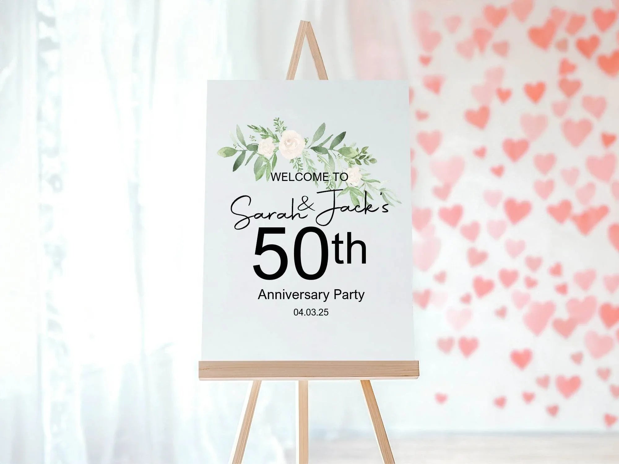 Green & White Rose Anniversary Welcome Party Sign - Larosier Prints
