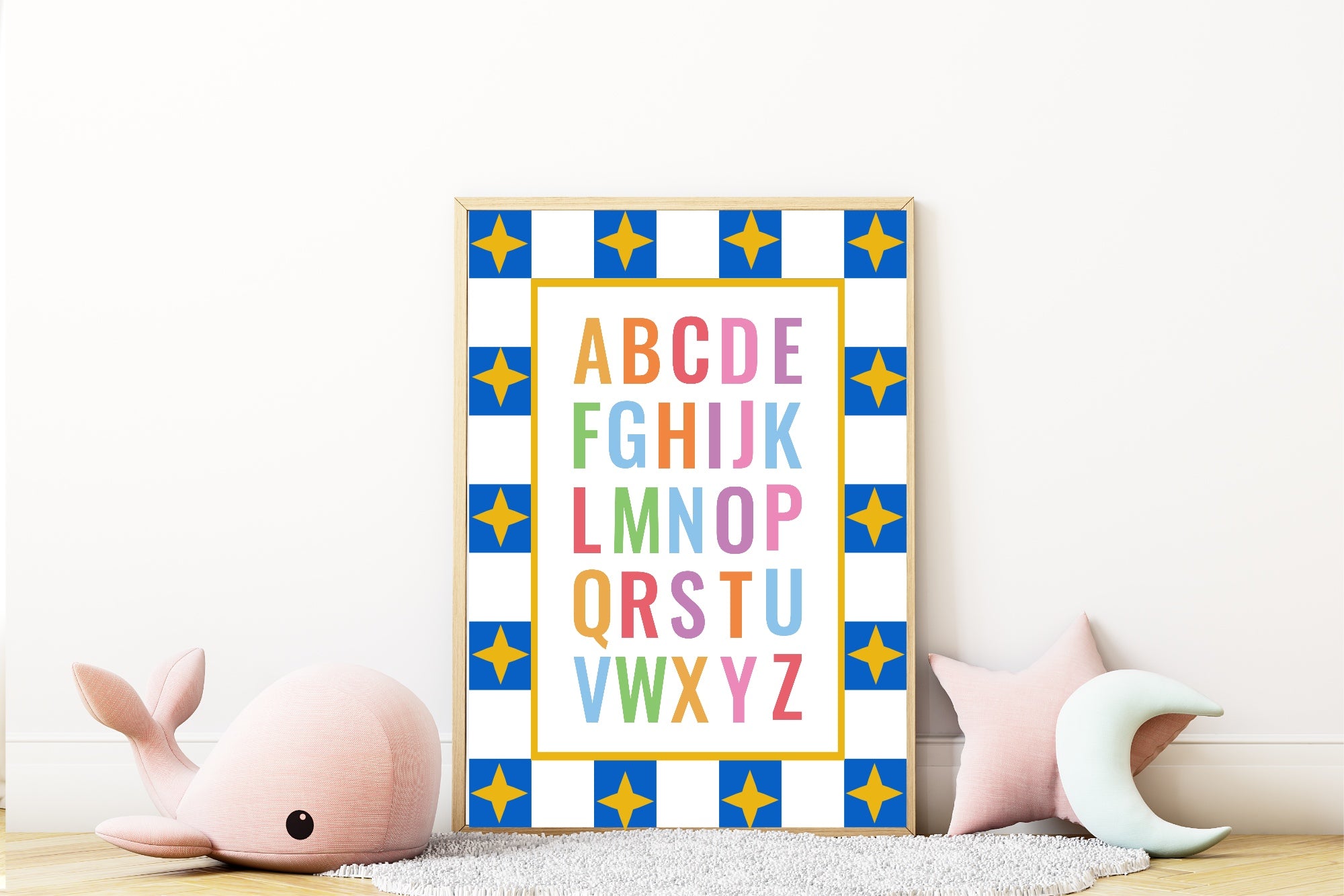 Blue Checked & Stars Alphabet Poster | Educational Wall Art
