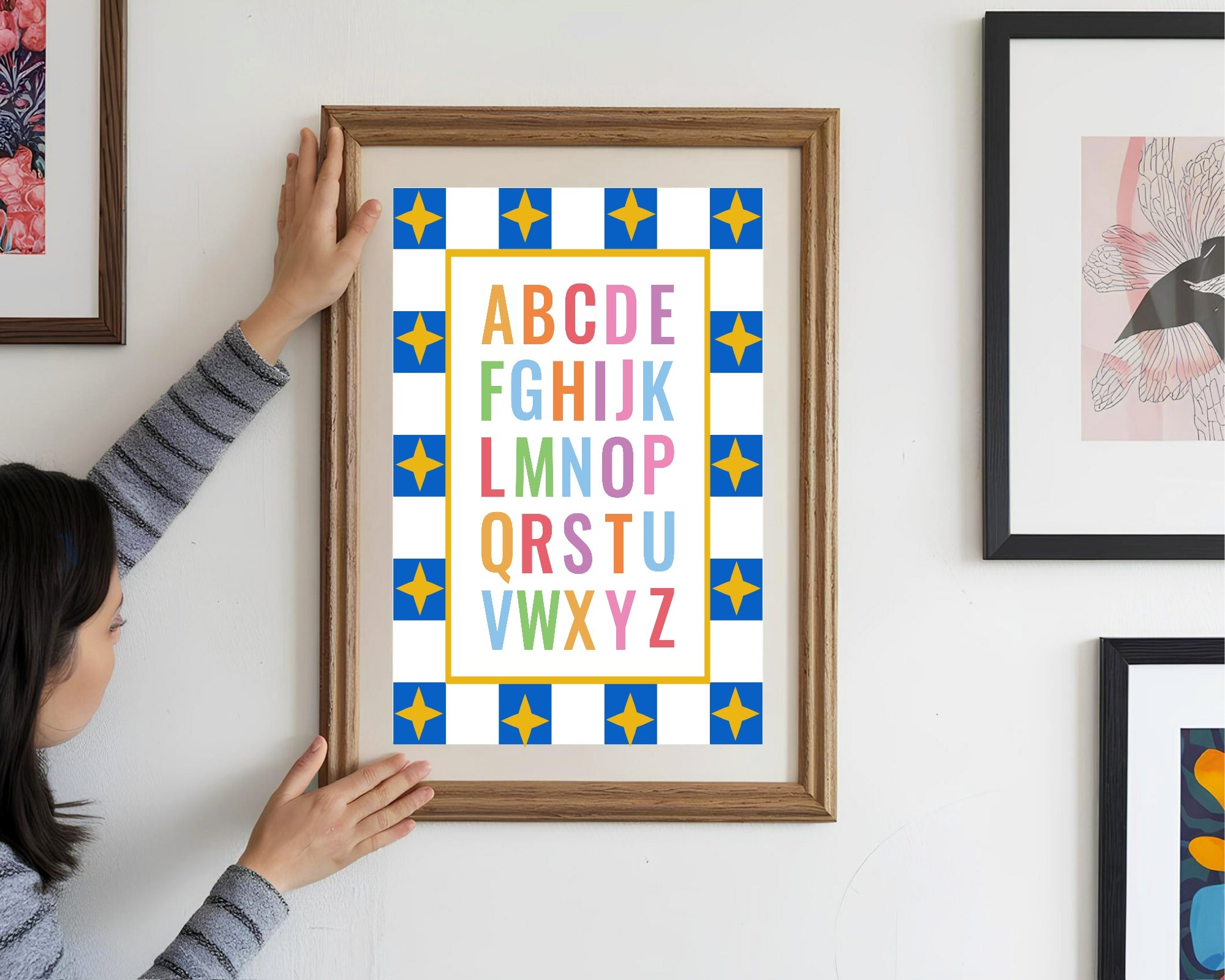 Blue Checked & Stars Alphabet Poster | Educational Wall Art