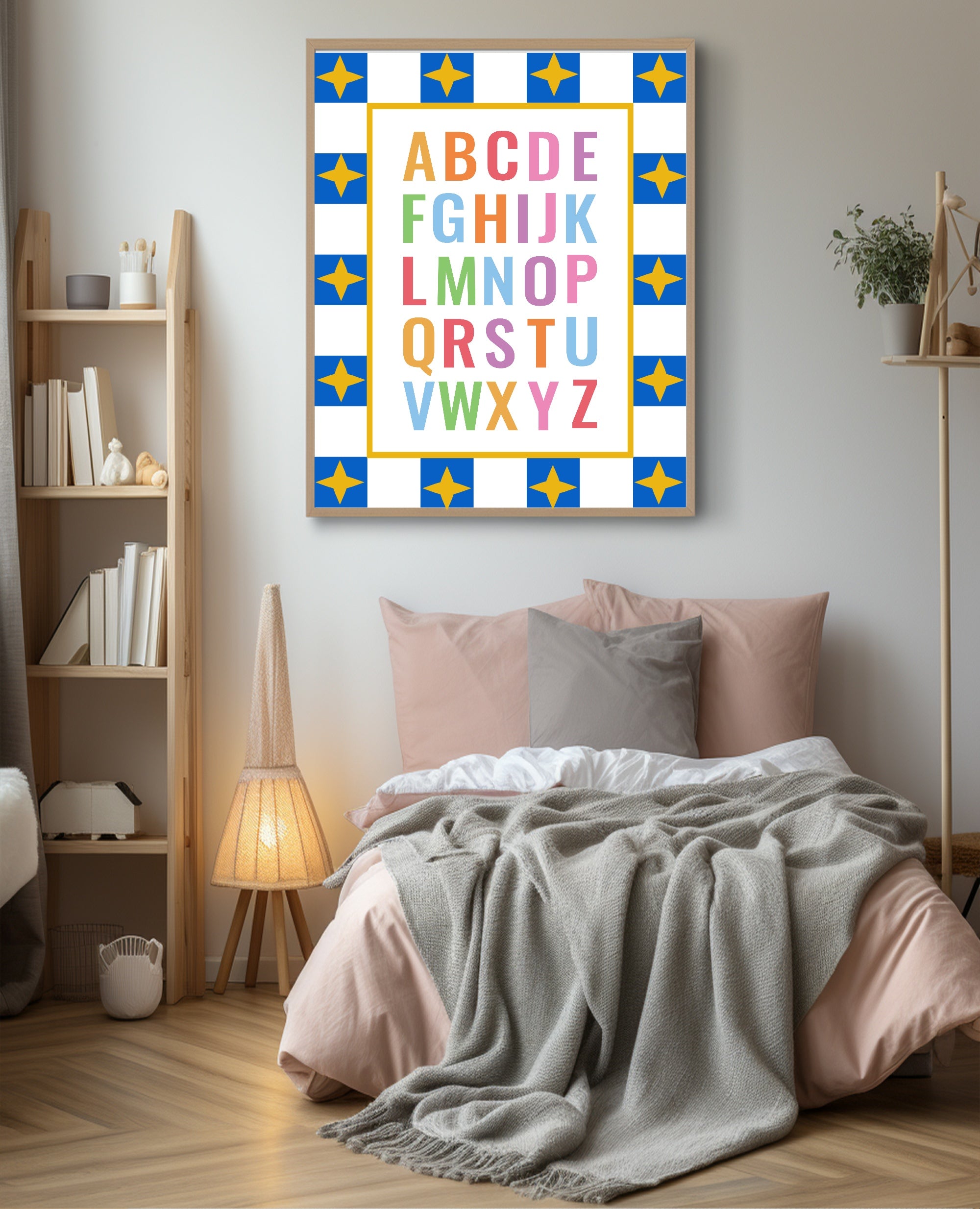 Blue Checked & Stars Alphabet Poster | Educational Wall Art