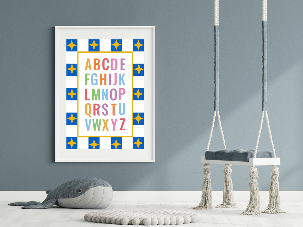 Blue Checked & Stars Alphabet Poster | Educational Wall Art