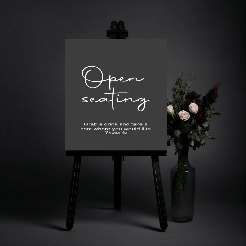 Minimalist Noir Open Seating Wedding Party Sign - Larosier Prints