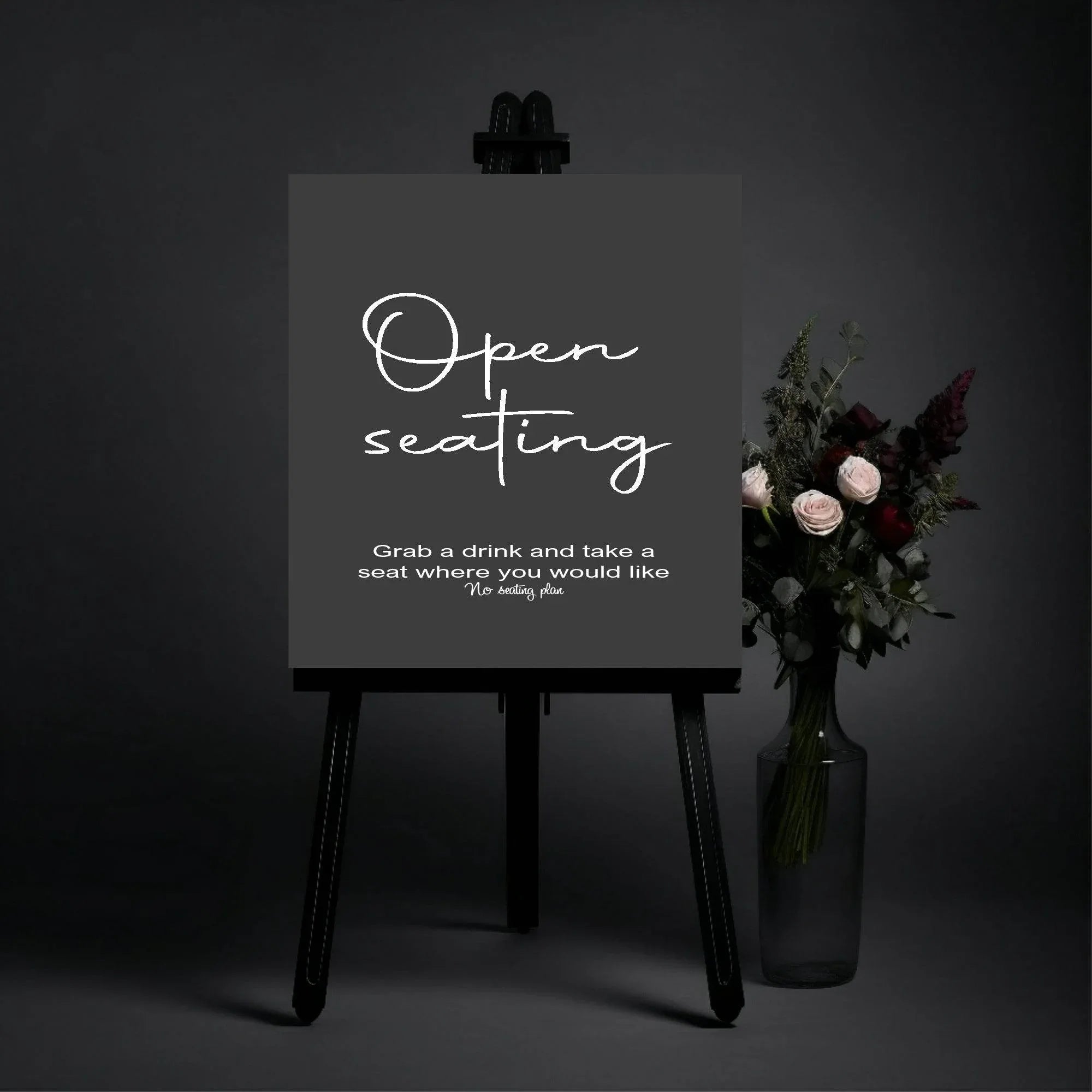 Minimalist Noir Open Seating Wedding Party Sign - Larosier Prints