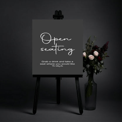 Minimalist Noir Open Seating Wedding Party Sign