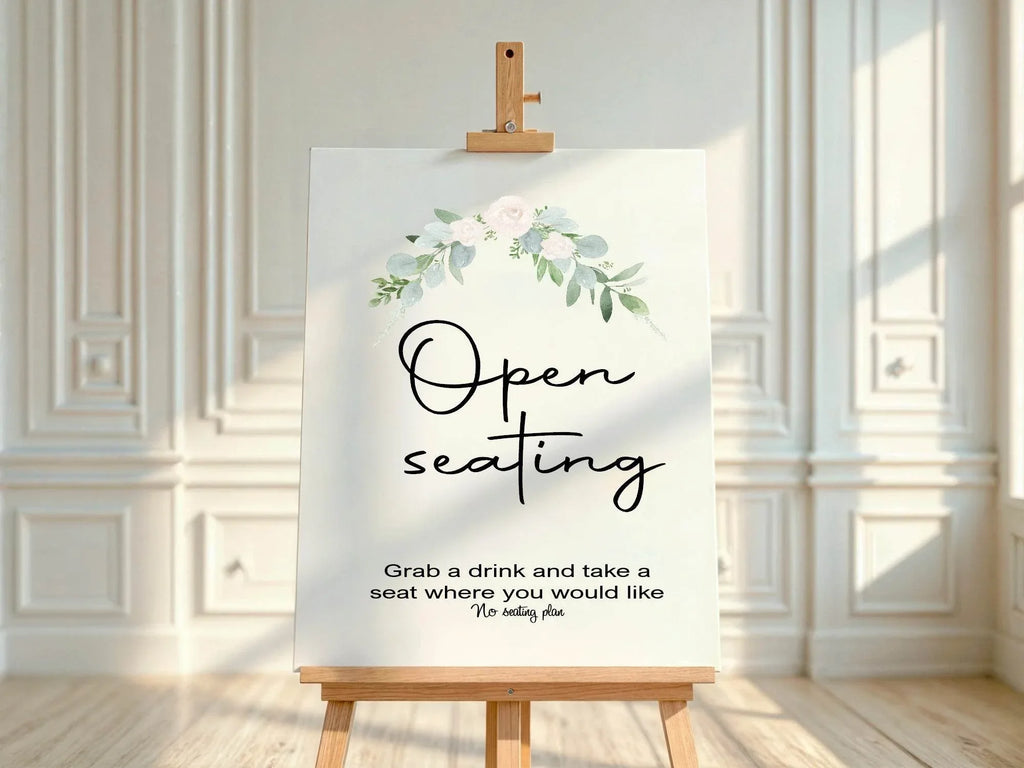 Green & White Rose Open Seating Wedding Party Sign - Larosier Prints