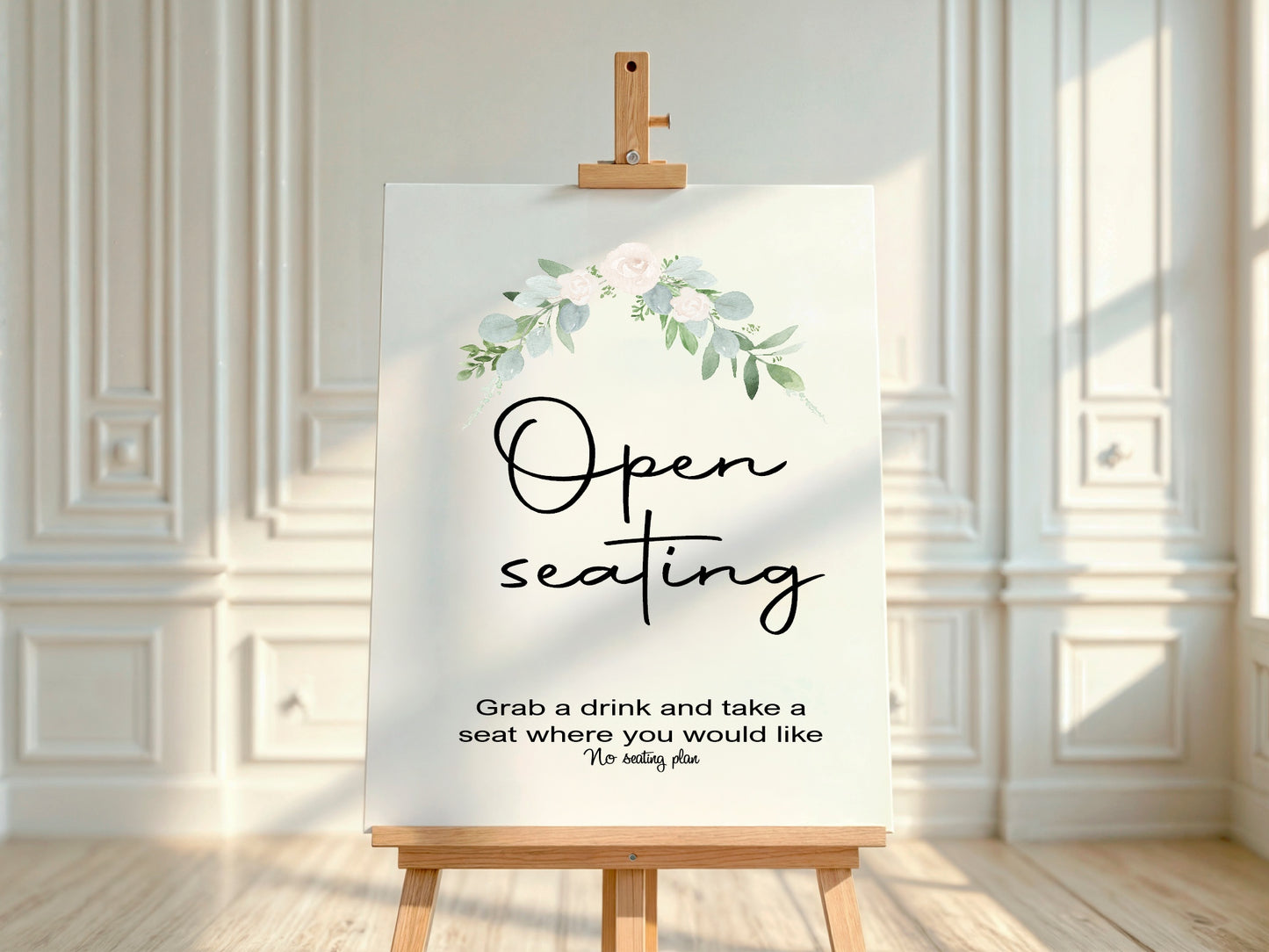 Green & White Rose Open Seating Wedding Sign