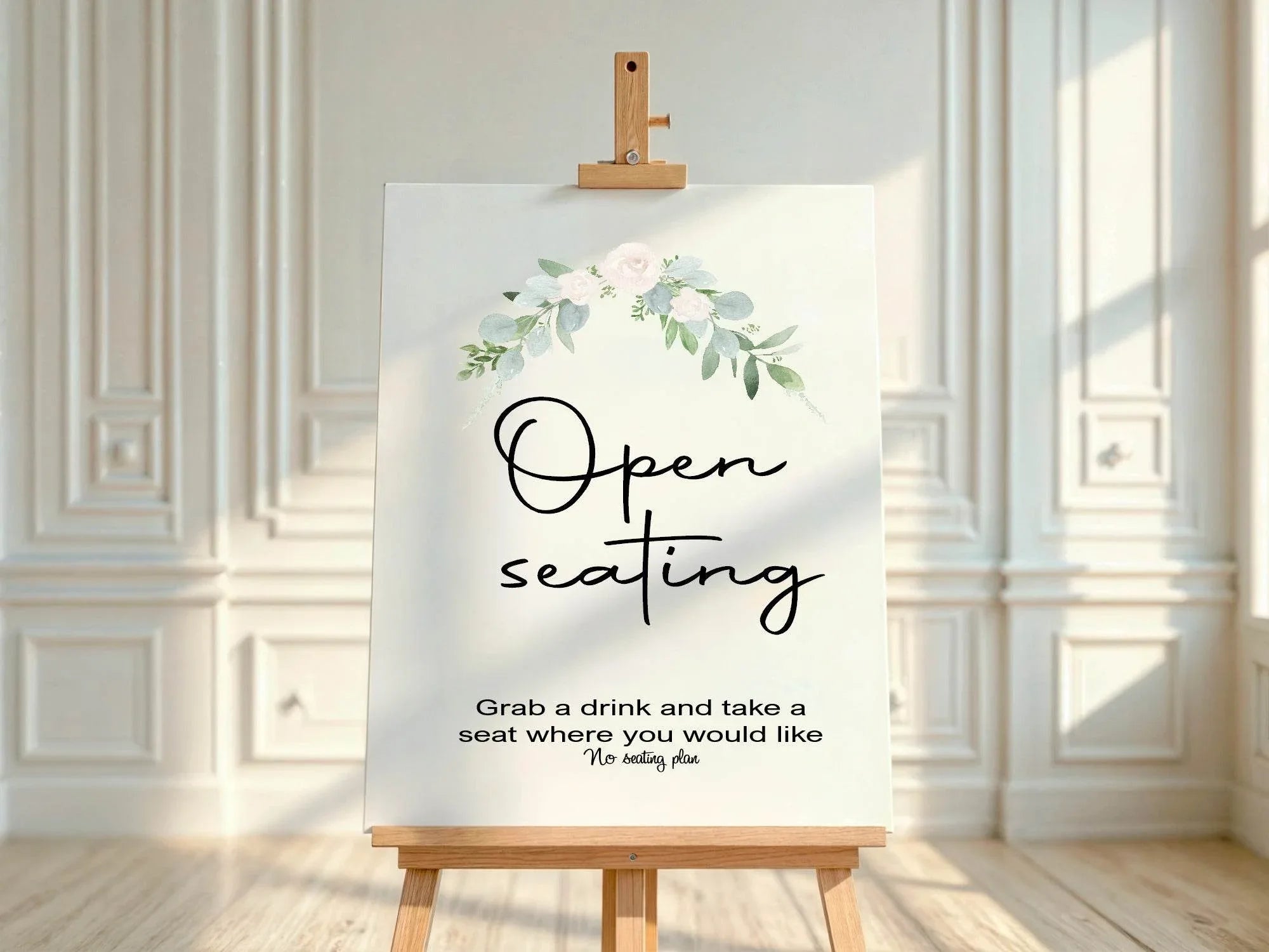 Green & White Rose Open Seating Wedding Party Sign - Larosier Prints