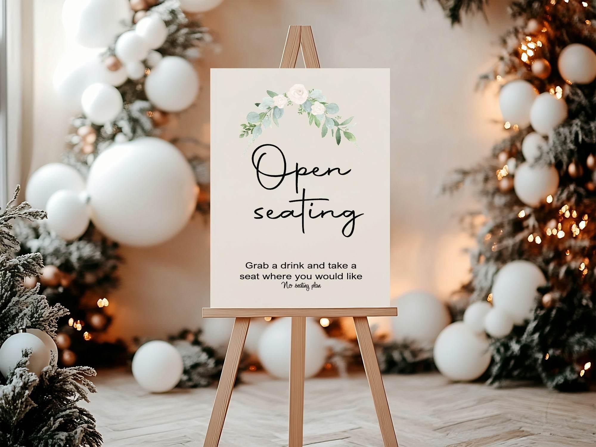 Green & White Rose Open Seating Wedding Party Sign - Larosier Prints