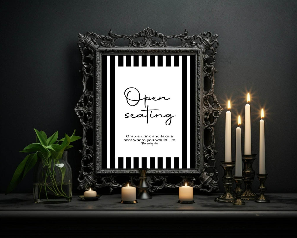 Black & White Stripe Open Seating Wedding Party Sign - Larosier Prints