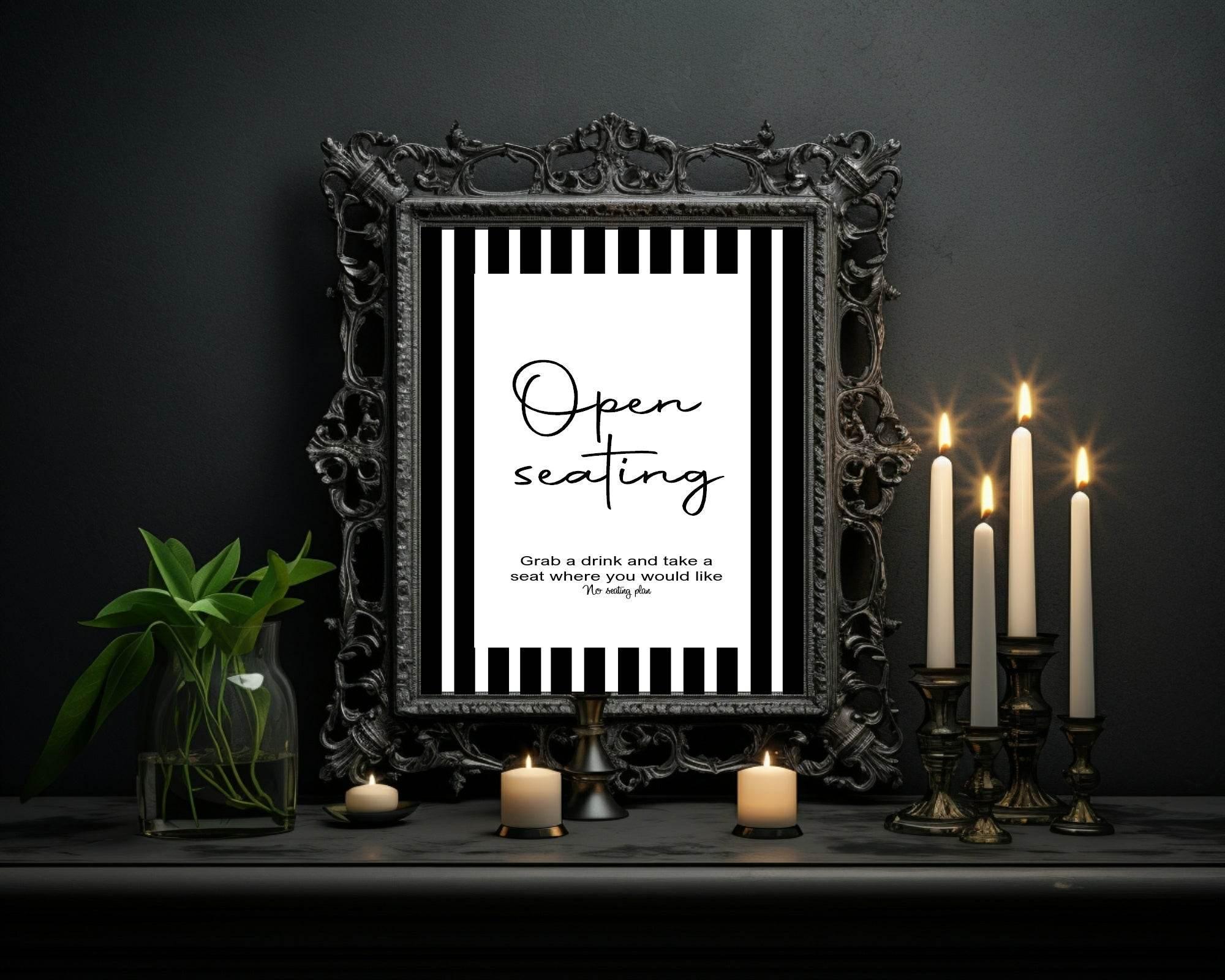 Black & White Stripe Open Seating Wedding Party Sign - Larosier Prints
