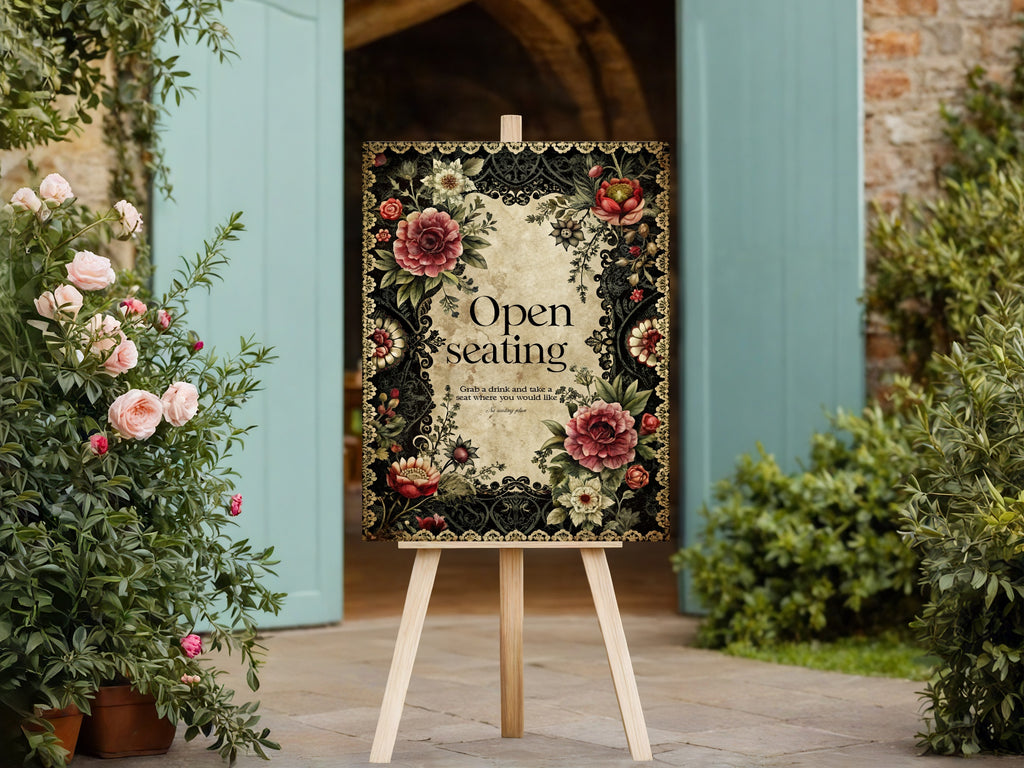 Gothic Floral Romantic Literature Wedding Open Seating Sign