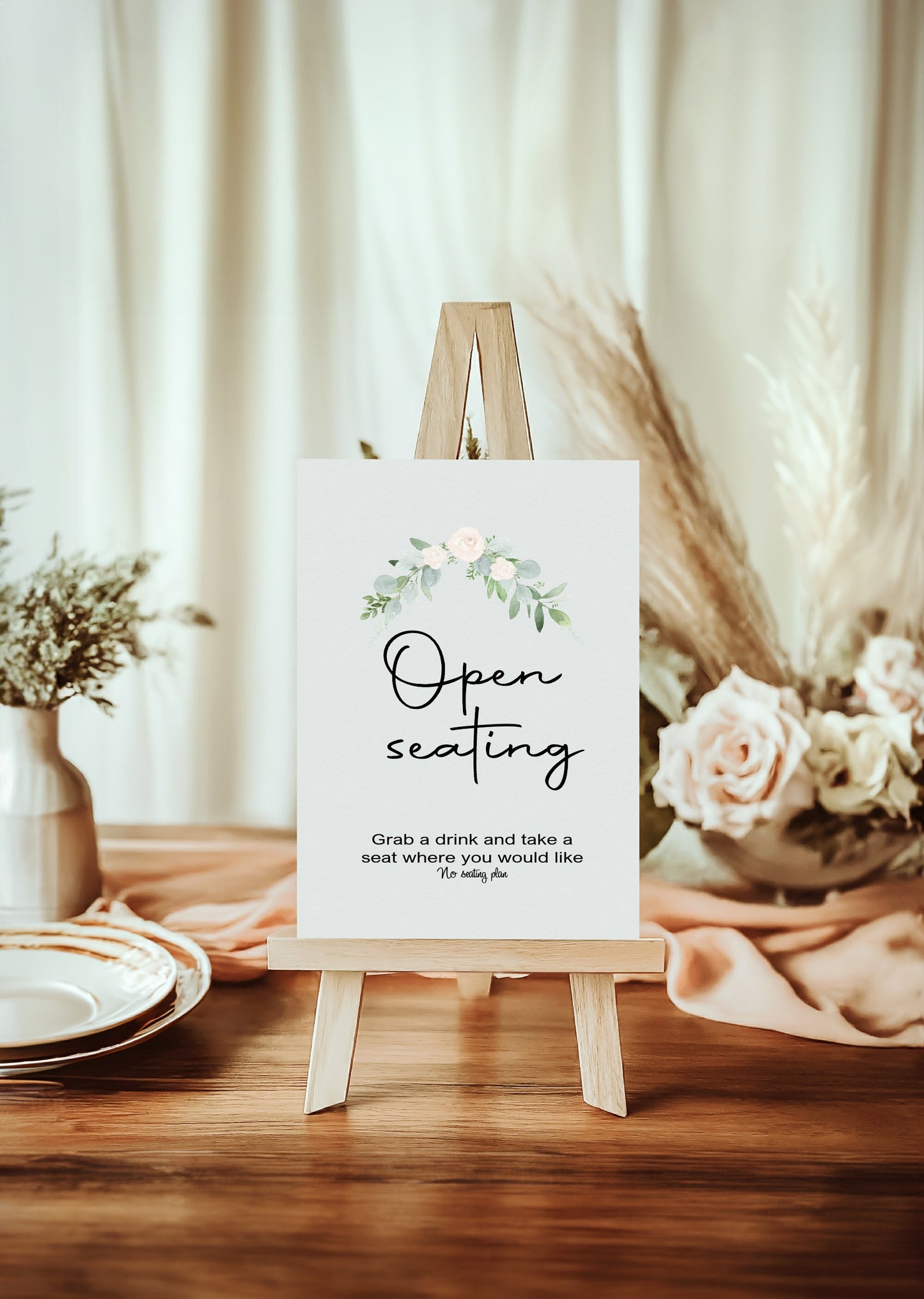 Green & White Rose Open Seating Wedding Sign