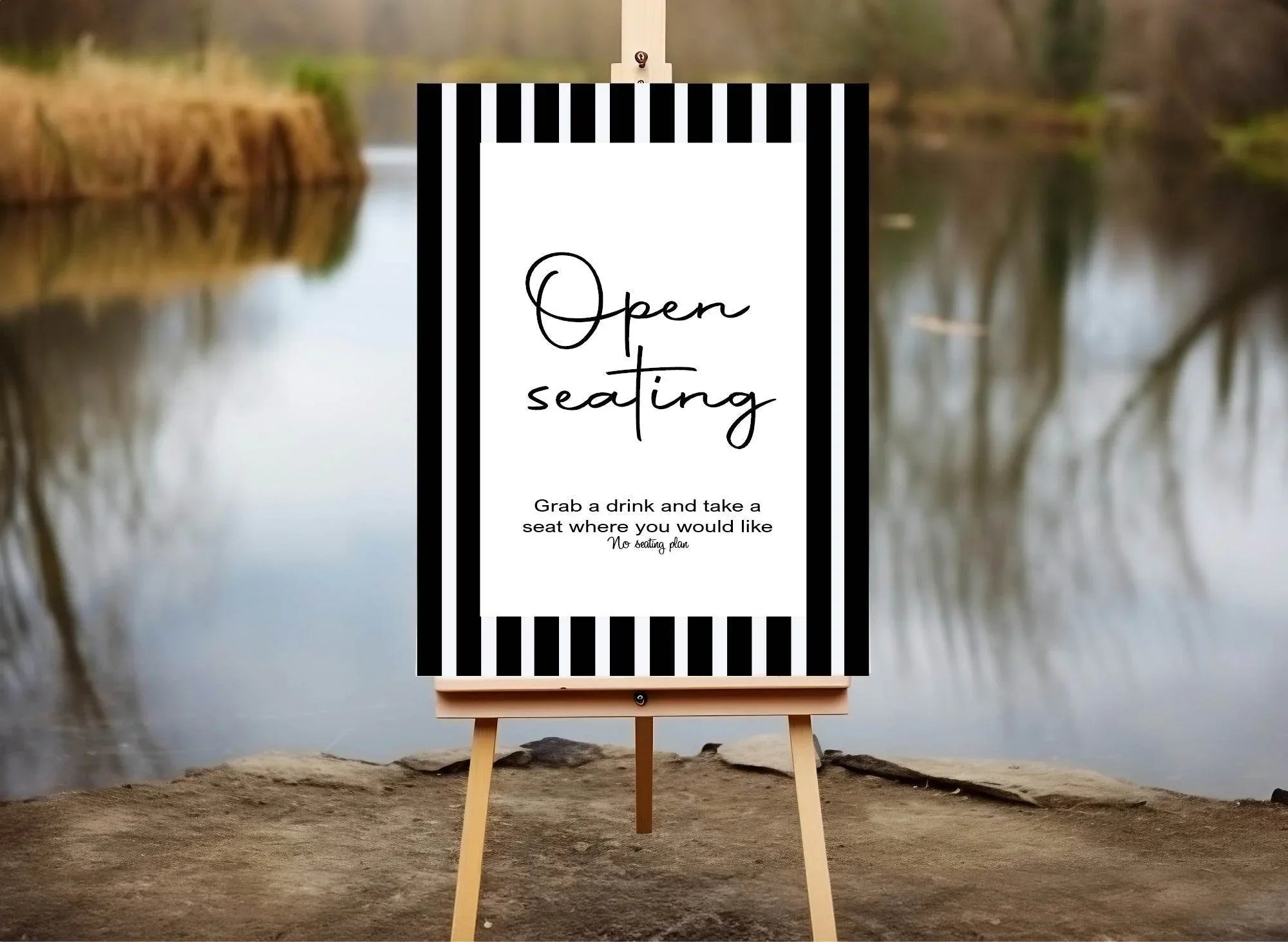 Black & White Stripe Open Seating Wedding Party Sign - Larosier Prints