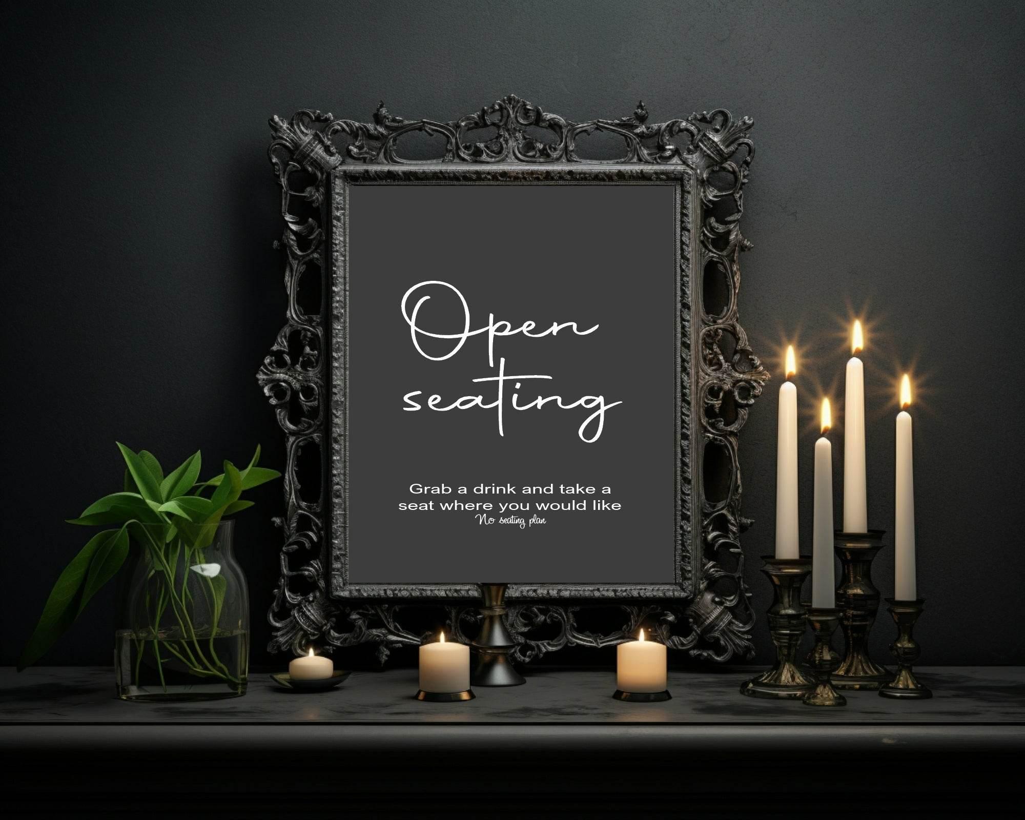Minimalist Noir Open Seating Wedding Party Sign - Larosier Prints
