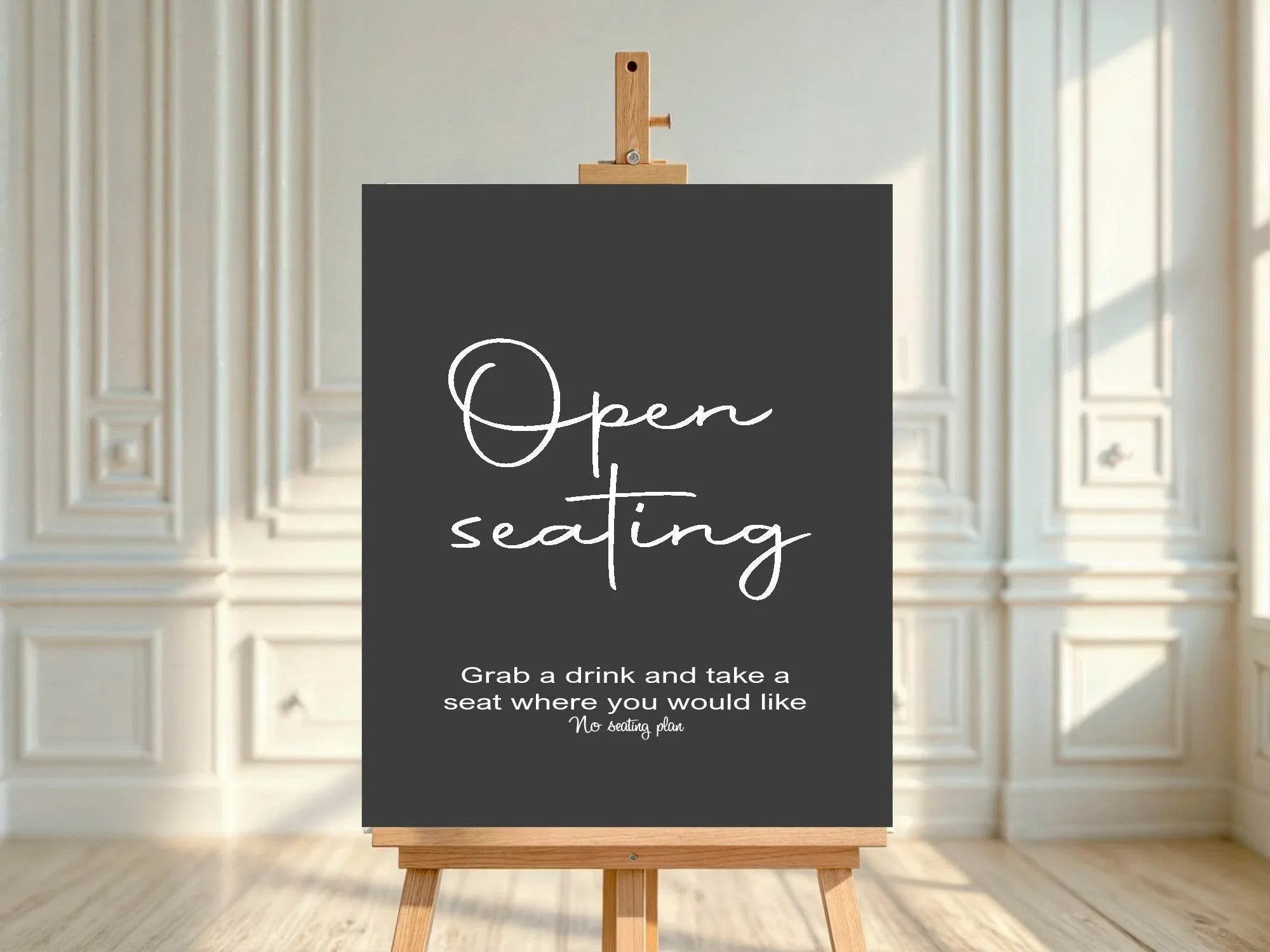Minimalist Noir Open Seating Wedding Party Sign - Larosier Prints