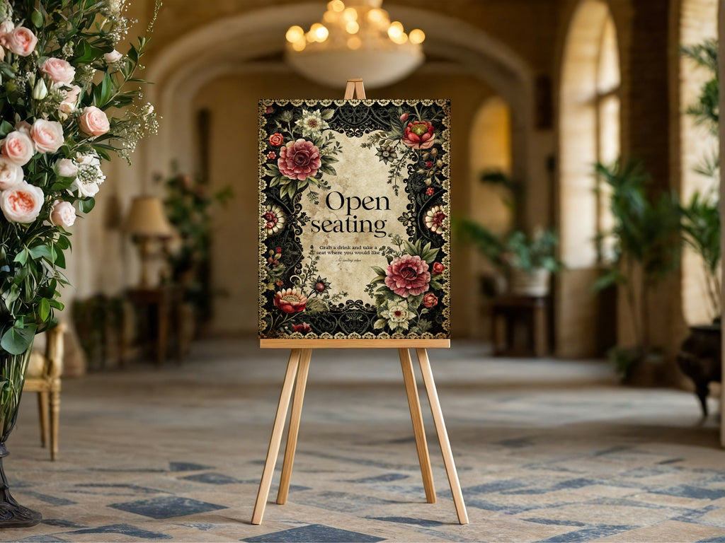 Gothic Floral Romantic Literature Wedding Open Seating Sign