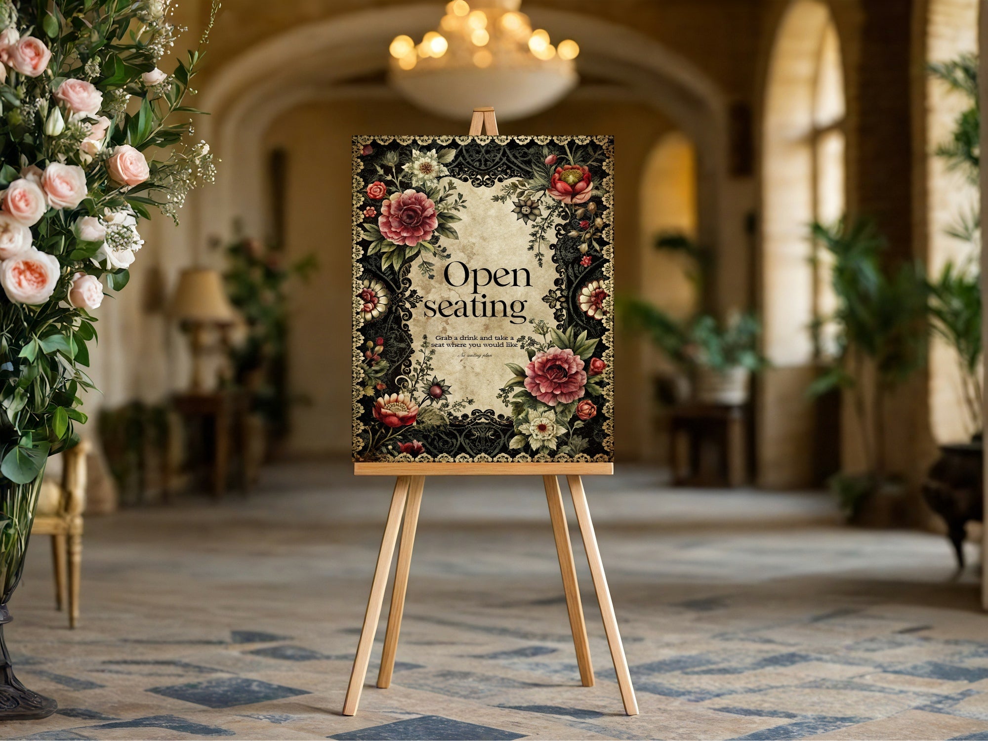 Gothic Floral Romantic Literature Wedding Open Seating Sign