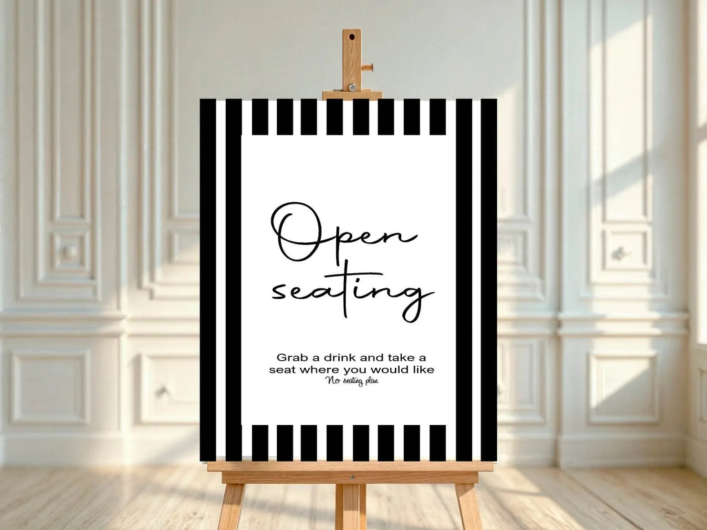 Black & White Stripe Open Seating Wedding Party Sign - Larosier Prints