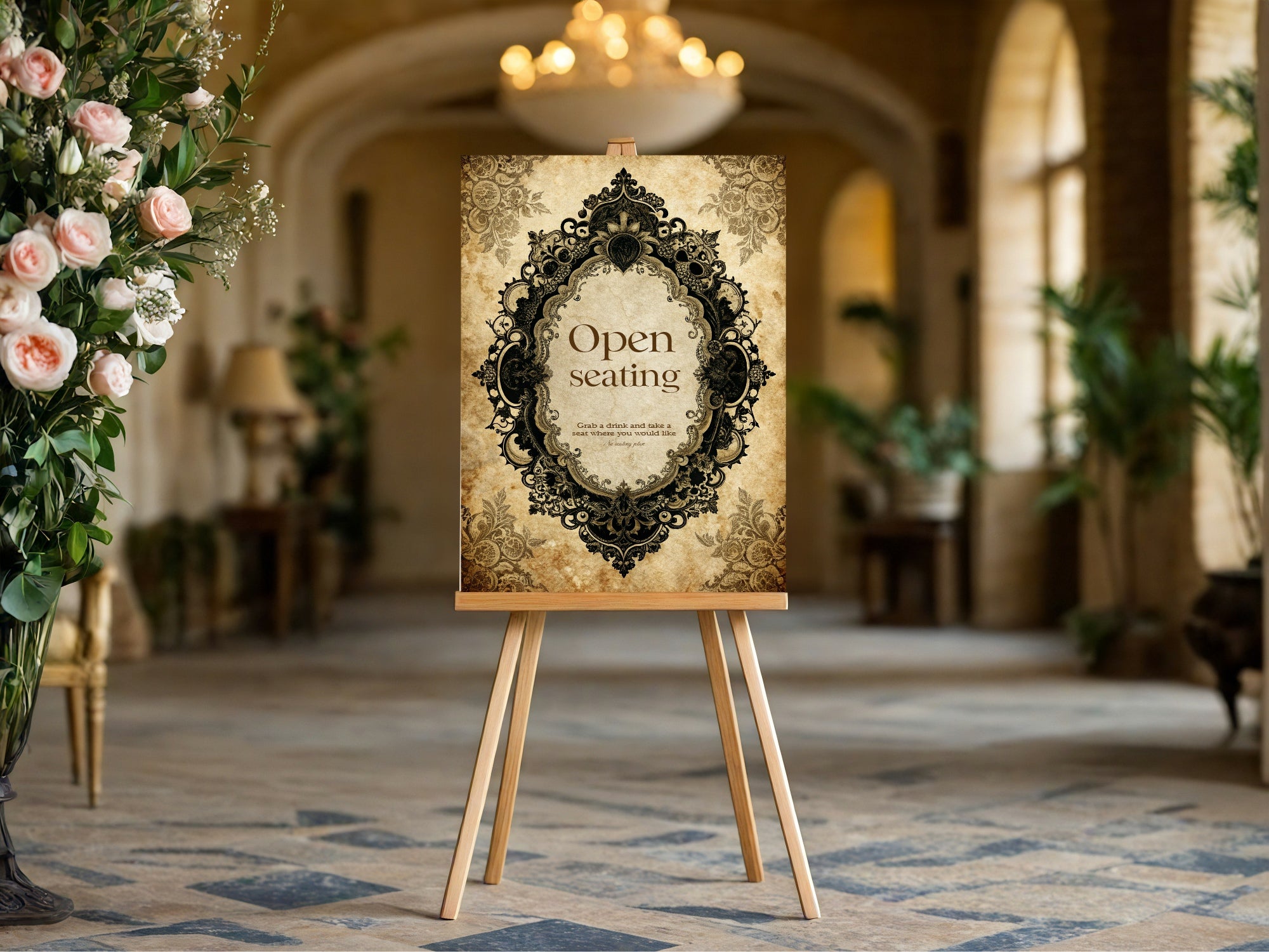 Lace Oval Frame Romantic Literature Wedding Open Seating Sign