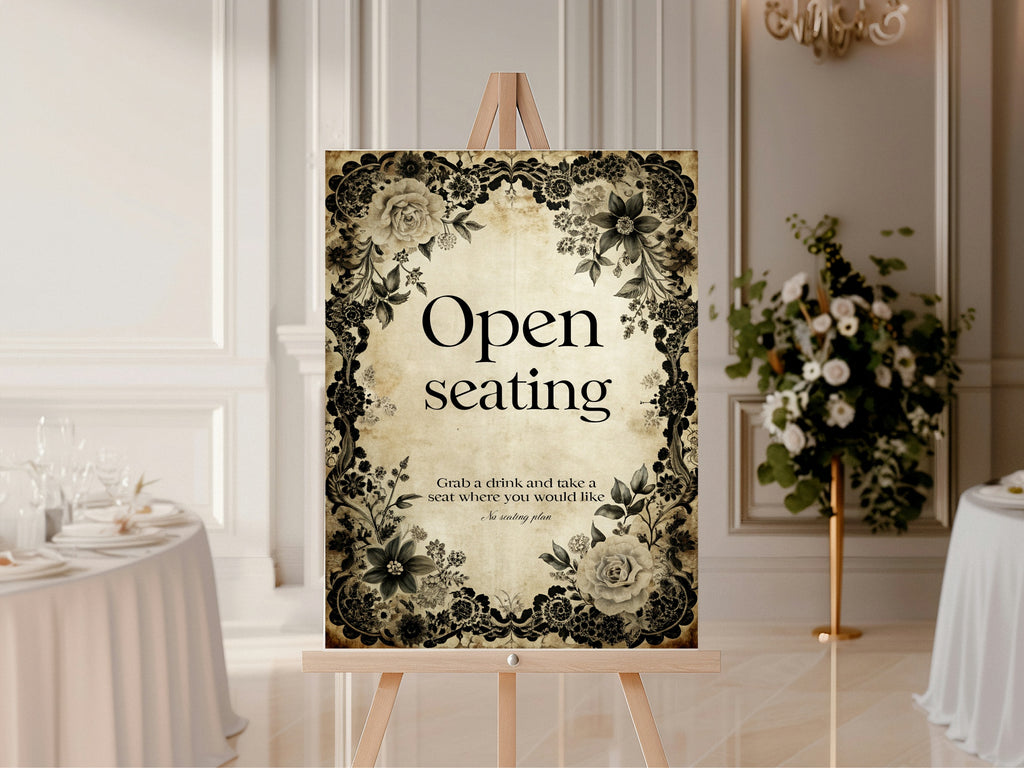 Black Rose Romantic Literature Wedding Open Seating Sign