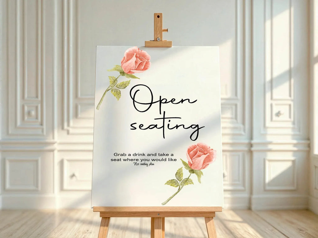 Pink Rose Open Seating Wedding Party Sign - Larosier Prints