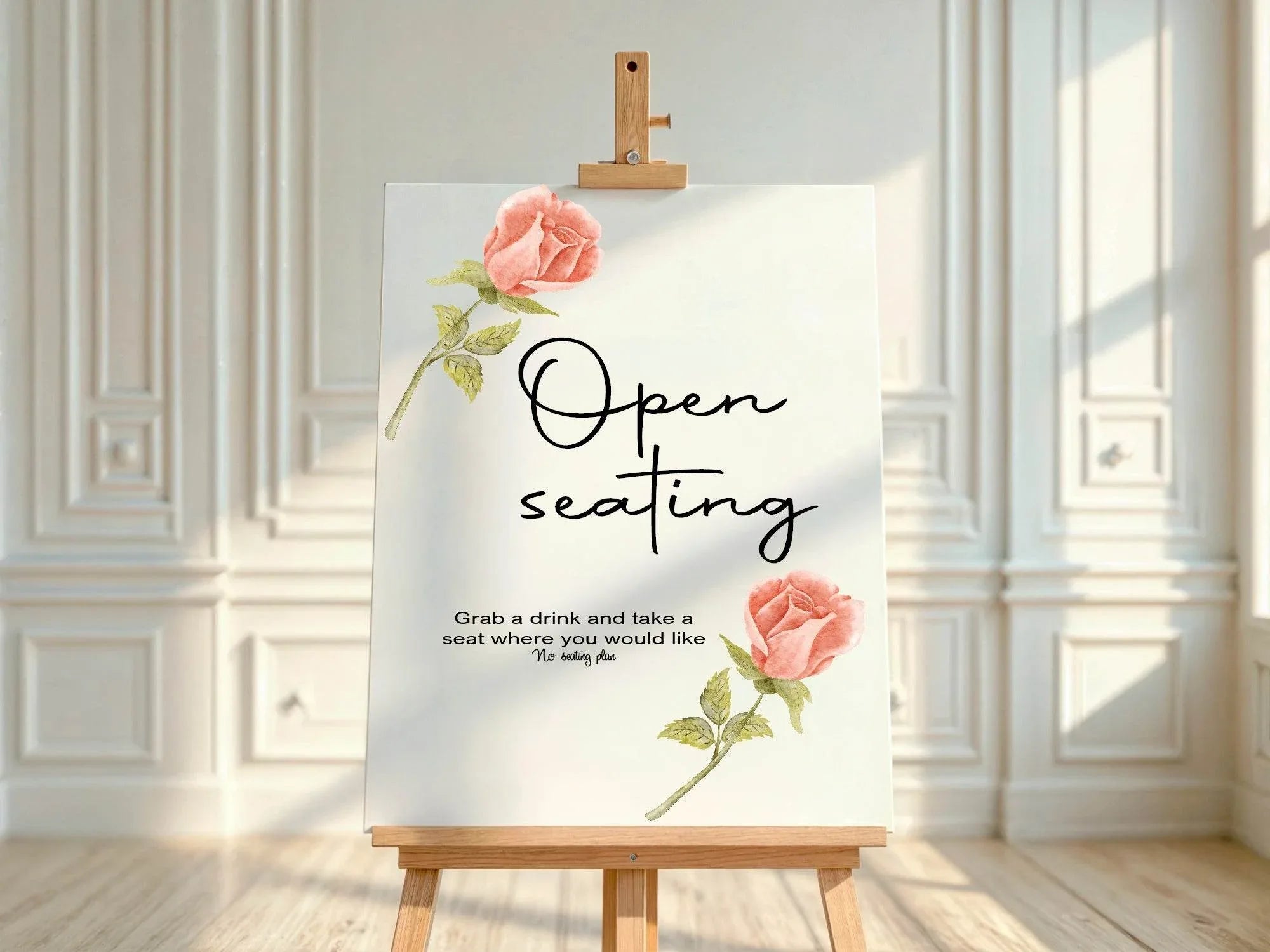 Pink Rose Open Seating Wedding Party Sign - Larosier Prints