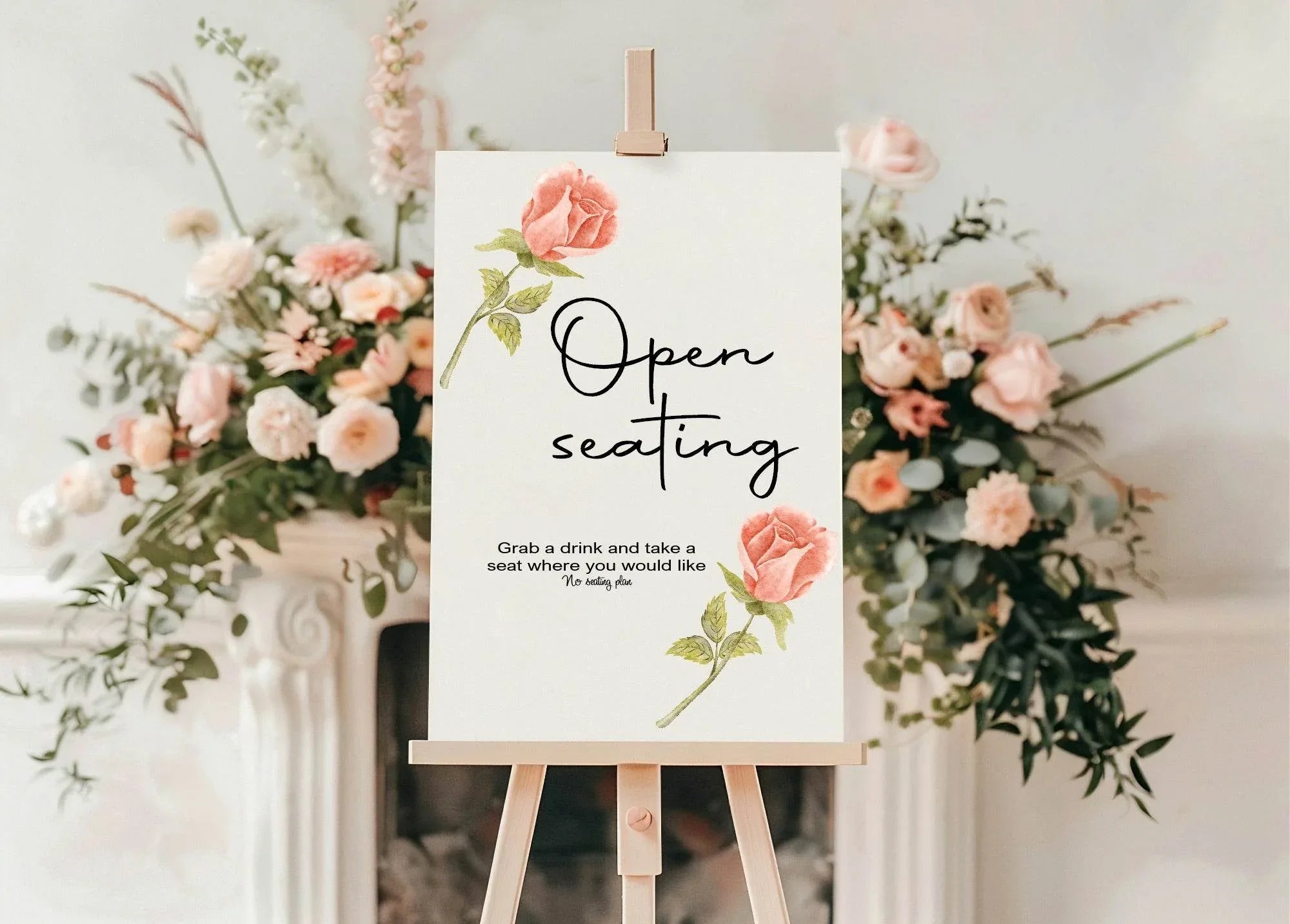 Pink Rose Open Seating Wedding Party Sign - Larosier Prints