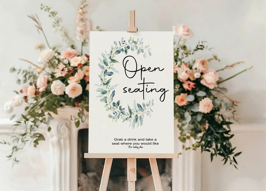 Eucalyptus Open Seating Wedding Party Sign - Larosier Prints