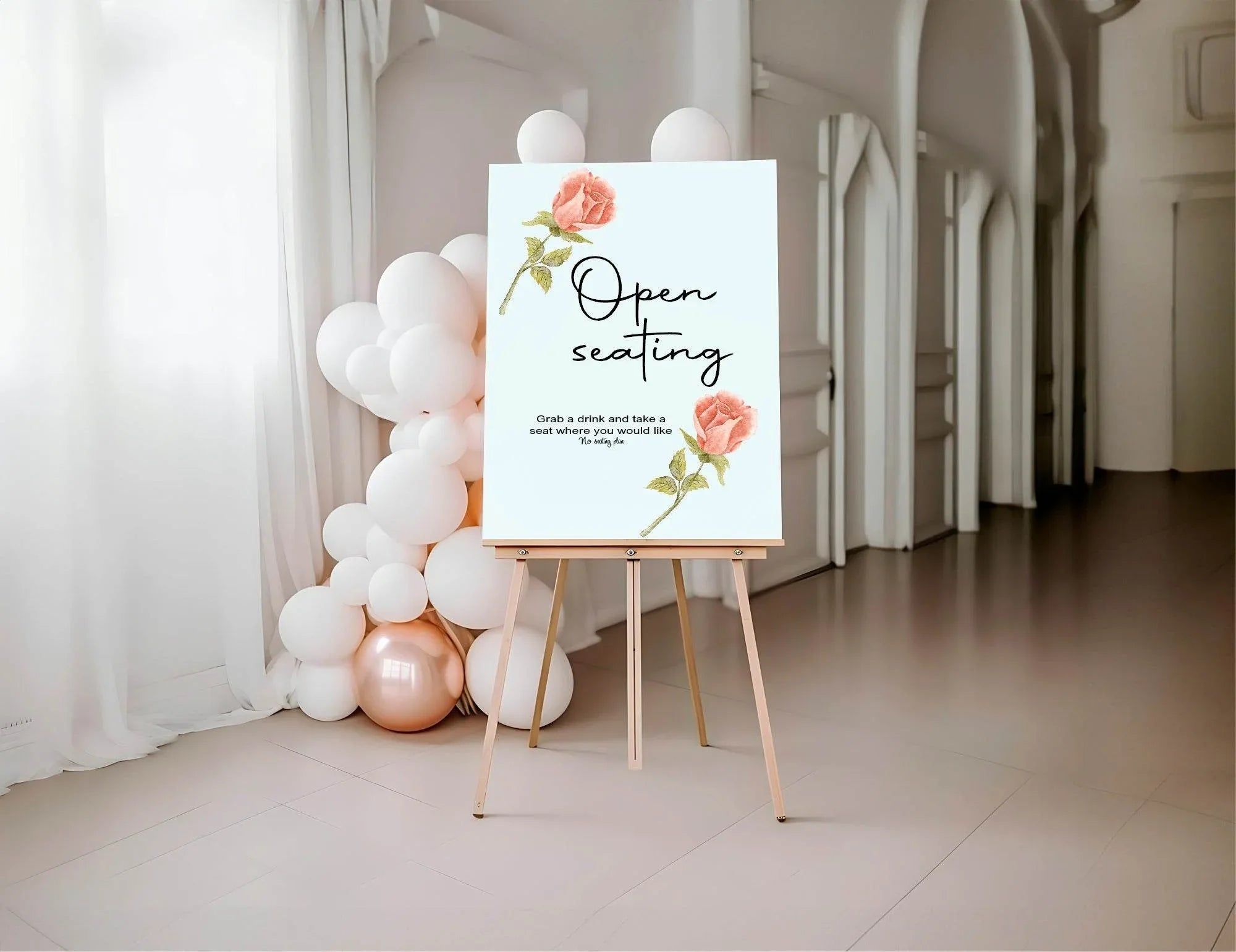 Pink Rose Open Seating Wedding Party Sign - Larosier Prints