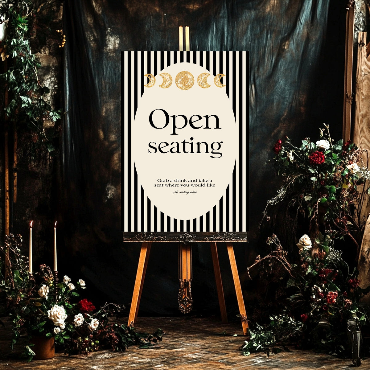 Black Celestial wedding open seating sign