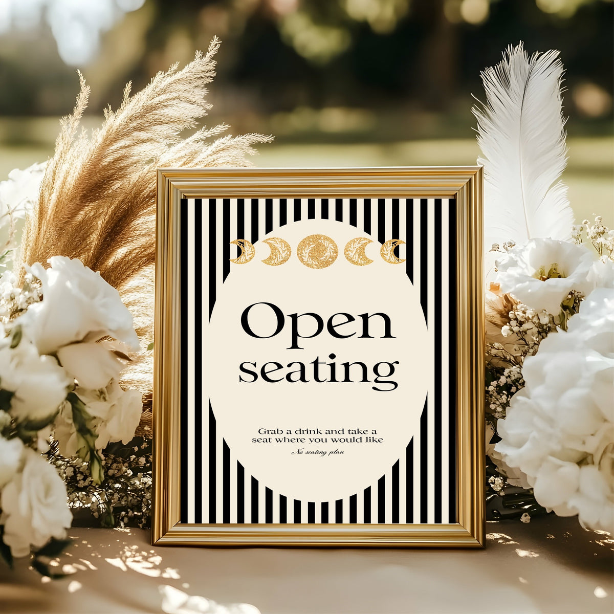 Black Celestial open seating sign in black and cream