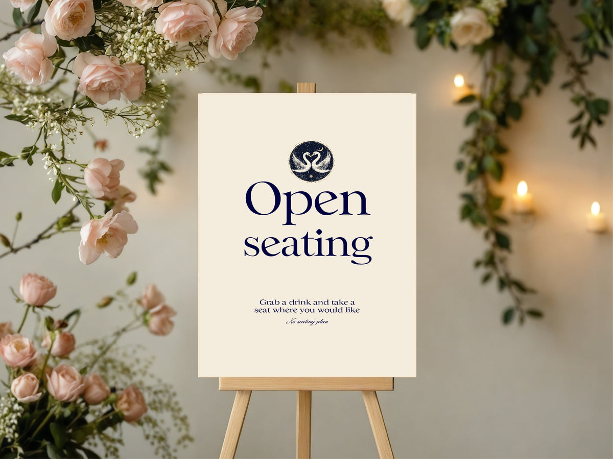 Celestial Swan wedding open seating sign detail