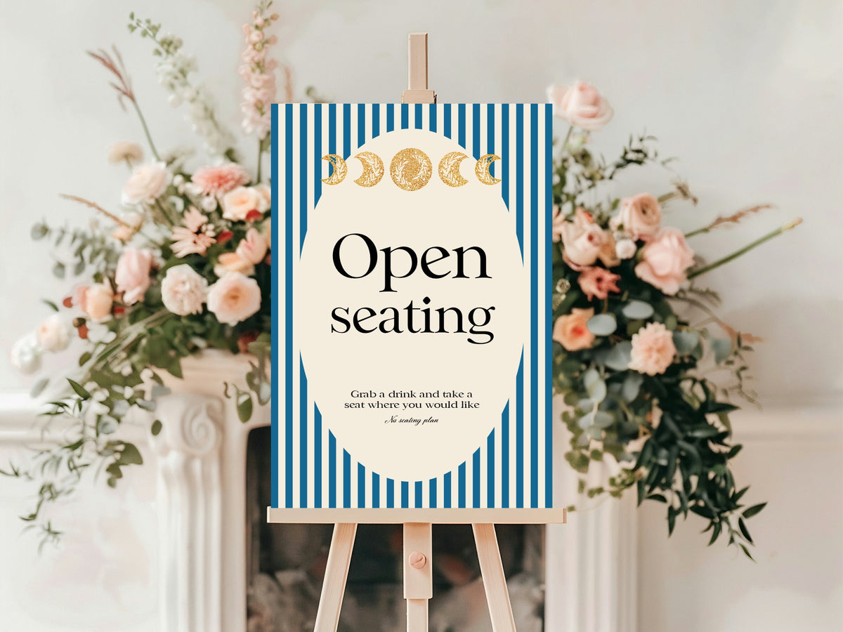 Blue Celestial open seating sign in blue and cream