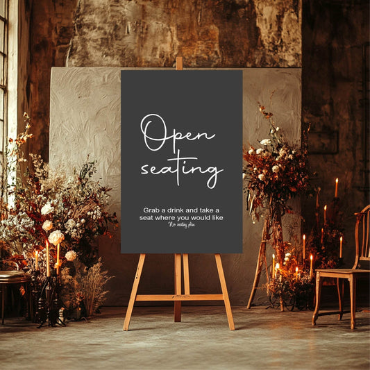 Minimalist Noir Open Seating Wedding Party Sign